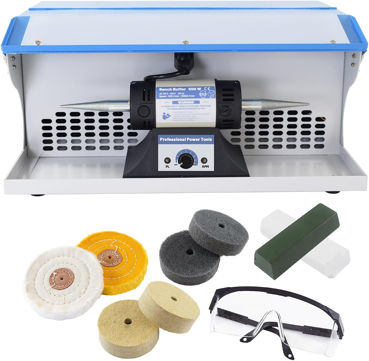 Pulidora de banco de joyería de 500 W con recolector de polvo para joyeros | Máquina pulidora de sobremesa de velocidad Variable, Motor pulidor de escritorio Profesional con varias ruedas pulidoras, compuesto de pulido