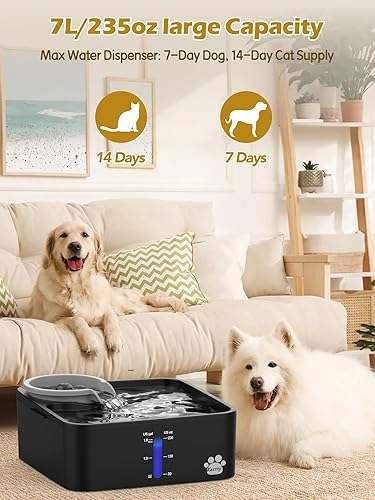 Miniatura 2 de Kastty Fuente de agua para perros de 230 oz7 L, fuente ultra grande y ancha para mascotas con 5 filtraciones y bomba LED inteligente segura, ideal
