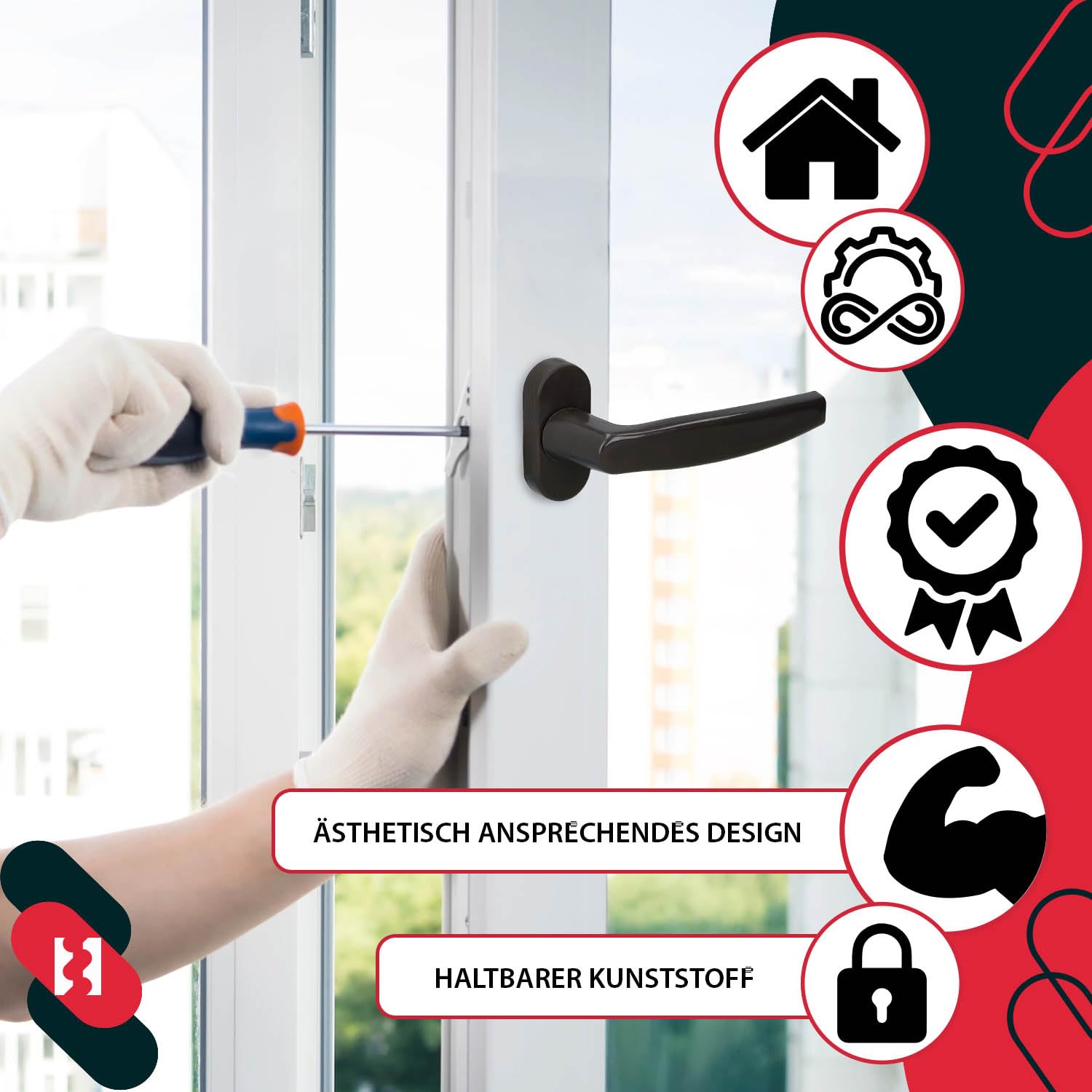KOTARBAU® Zestaw klamek okiennych – klamka do drzwi balkonowych – zatrzaski – PCW – klamka do drzwi tarasowych – uniwersalna – łatwy montaż – materiał odporny na warunki atmosferyczne, brązowy, 35 mm