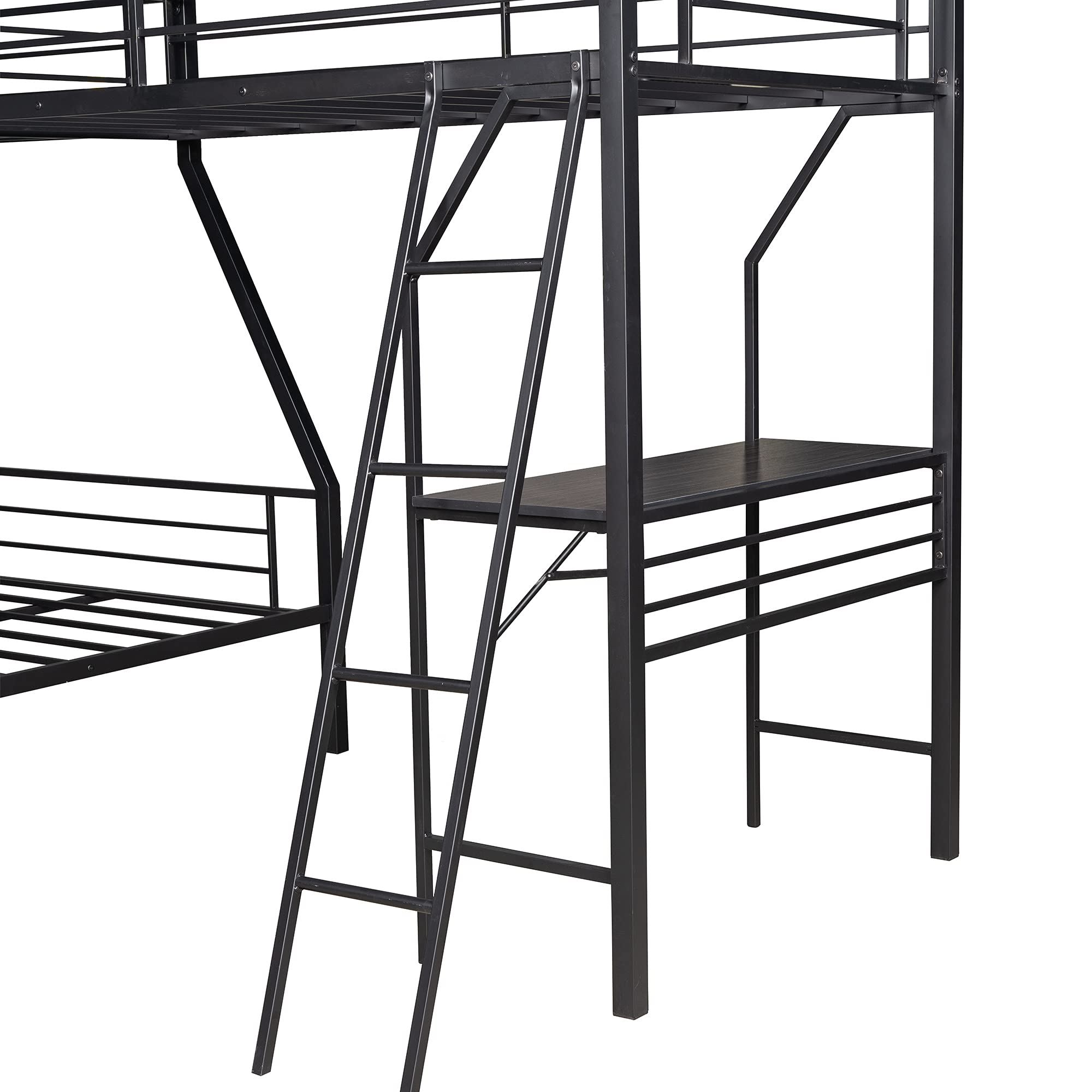 LShaped Metal Corner Triple Bunk Bed with Desk, Twin Over Full Bunk