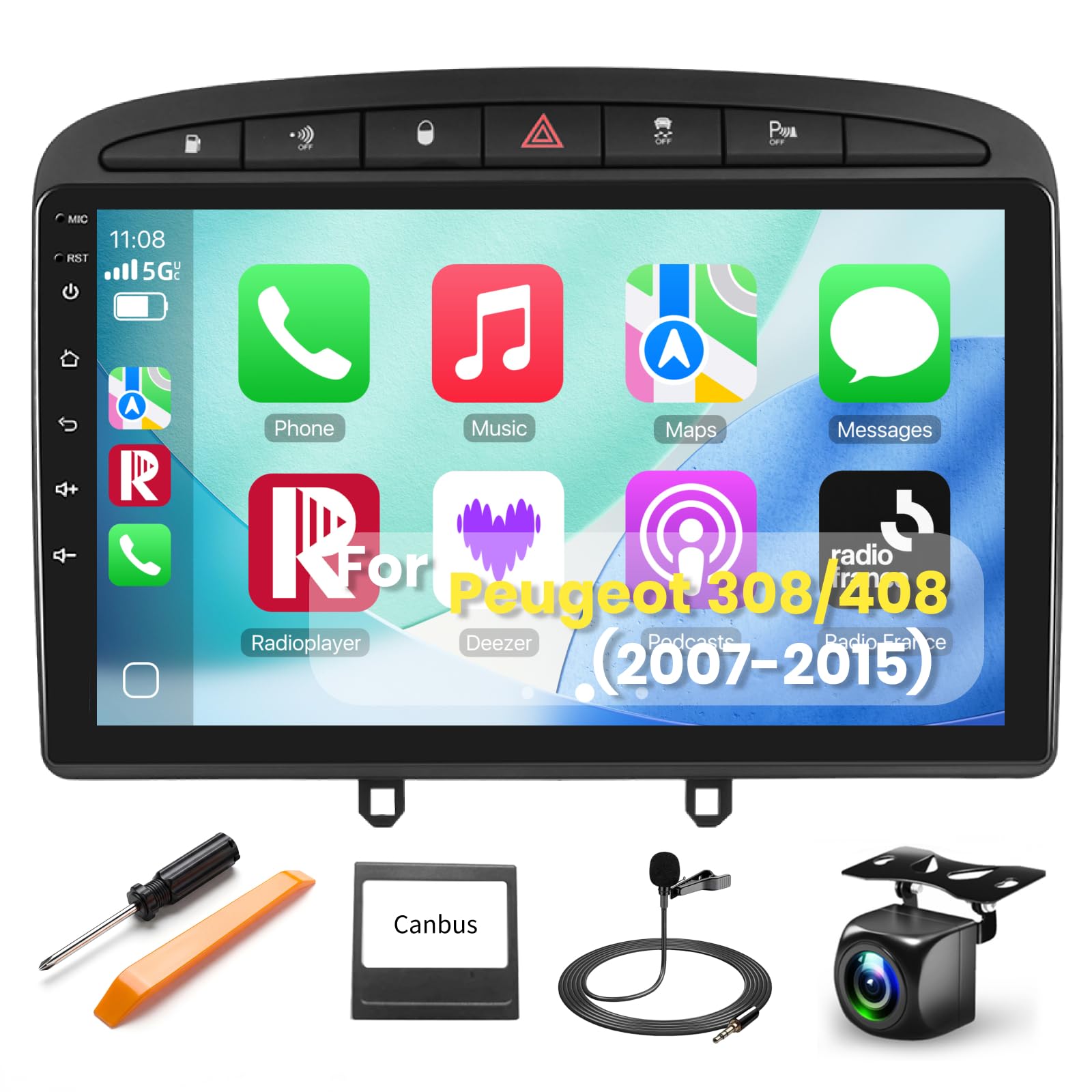 Autoradio CarPlay sans Fil pour Peugeot 308 408 2007-2015, Android 15, Écran Tactile 9 Pouces, Android Auto, GPS, Bluetooth, WiFi, FM/RDS, DSP, Caméra de Recul, 2Go+64Go
