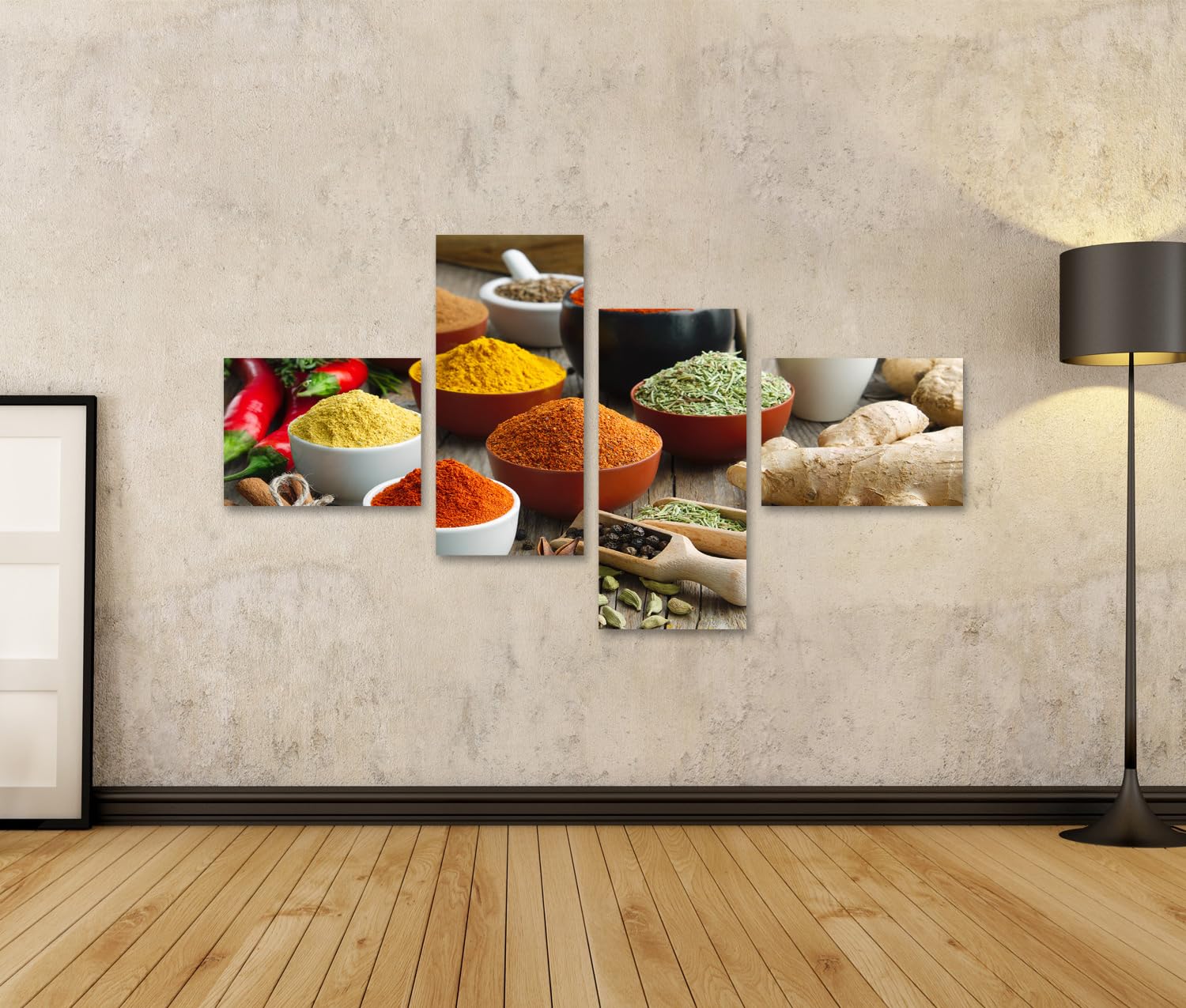 islandburner Prime Bild auf Leinwand Vielfalt der Gewuerze auf Holzuntergrund - Leinwand 150x80cm - 4 Teile