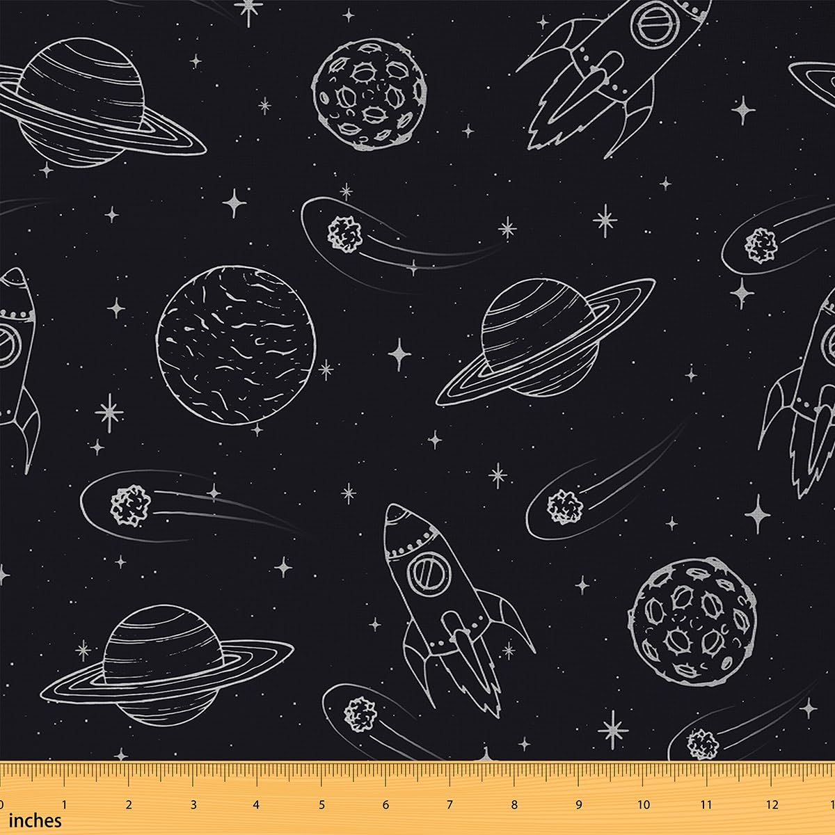 Hand Draw Outer Space Fabric by The Yard,Rocket Planets Stars Waterproof Fabric for DIY Art,Mystery Galaxy Starry Sky Decorative Waterproof Outdoor,Kids Room Decor Upholstery,1Yards