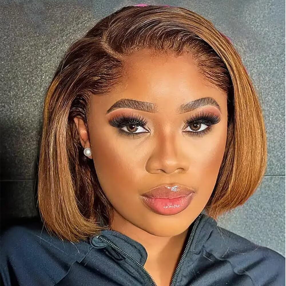 New Trend Lagos Hairline Highlights Honey Blonde Straight Blunt Cut Short Bob HD Transparent 13X4 Glueless Lace Frontal Human Hair Wig Pre Plucked with M Shaped Lagos Hairline Bleached Knots Wig
