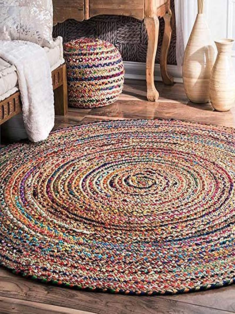 Islah Textile Natural Jute, Jute White Cotton , Jute Black Cotton , Chindi Jute Round Carpets (Chindi Jute, 5 x 5 Feet)