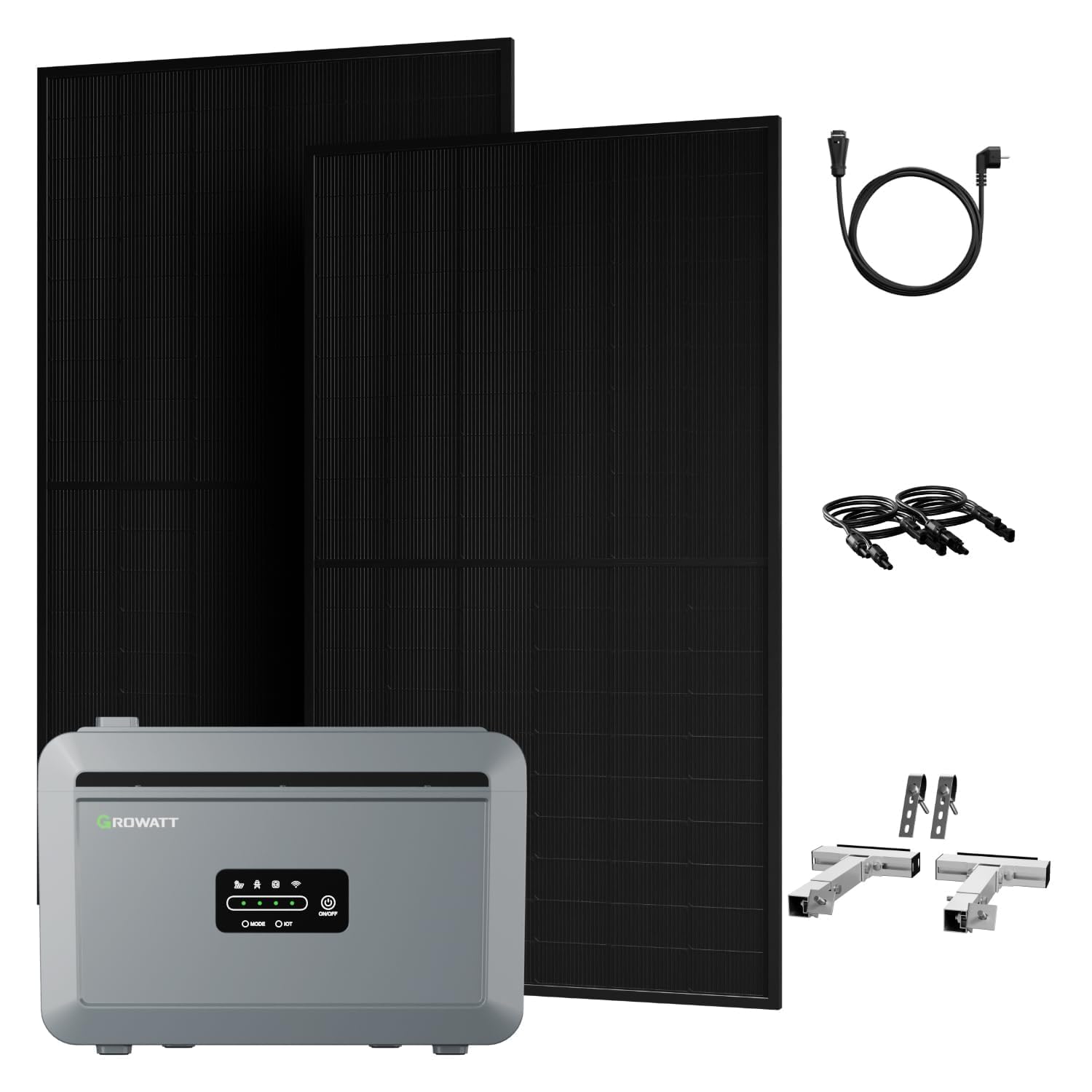 Powerness® All in One 1000W Balkonkraftwerk mit Speicher 2048Wh, Growatt NEXA 2000 mit 4 MPPT, 2× 500W Solarmodule mit Balkon Silber Halterung, Zubehör Komplettset, Plug & Play (0% MwSt)