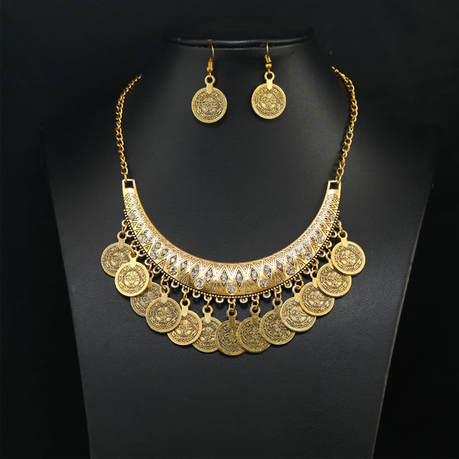 4Pcs Parure Bijoux Femme Danse du Ventre Tenue Indienne Bollywood Collier Piece de Monnaie Doré Bracelet Indien Chaîne de Tête Boucles D'oreilles Costume Danse Orientale Femme Fête à Thème Carnaval