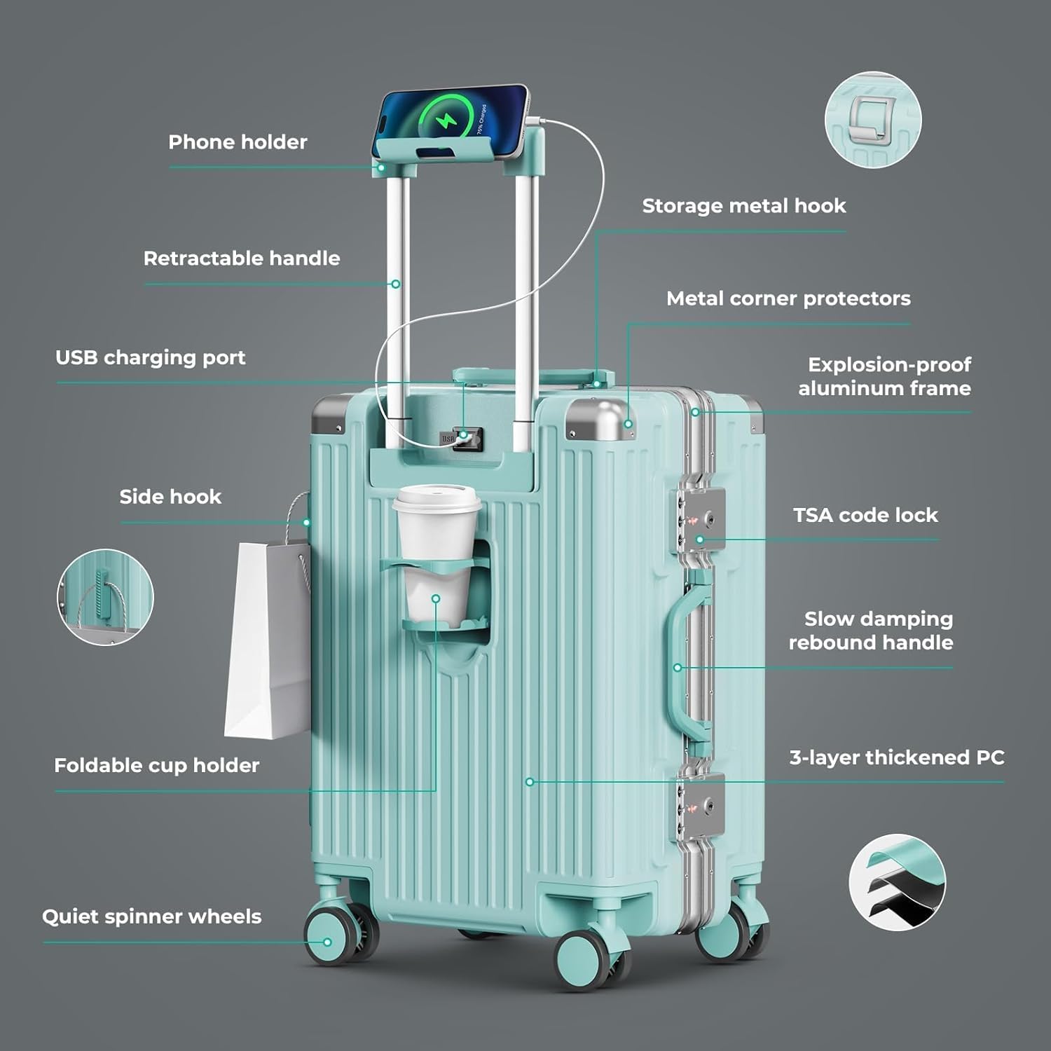 20 inch carry on luggage, zipperless aluminum frame pc hardside suitcase with cup holder & charger, airline approved tsa lock & 360° spinner wheels for business weekend trip mint green 20 inch
