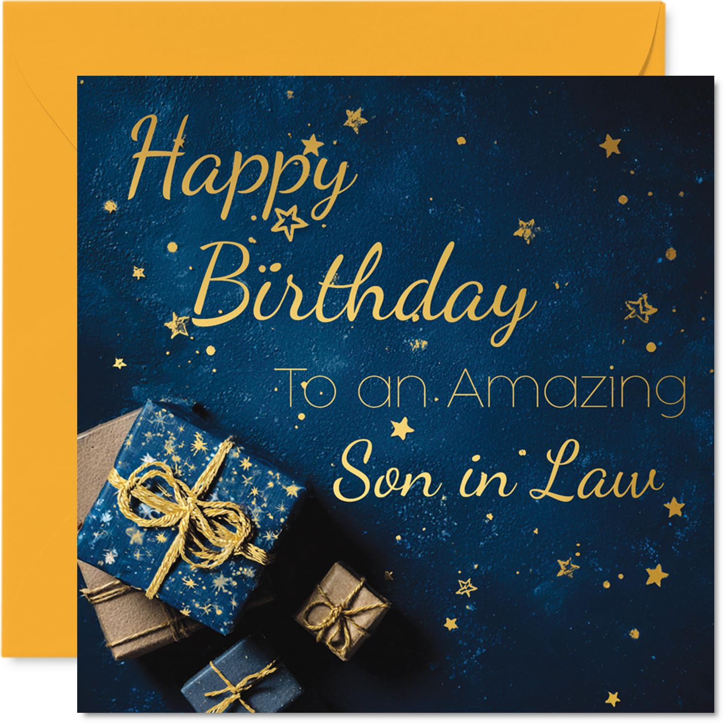 Gold Son in Law Birthday Card - Golden Gifts - Happy Birthday Card for Son in Law from Mother Mum Father Dad, 145mm Golden Bday Greeting Cards