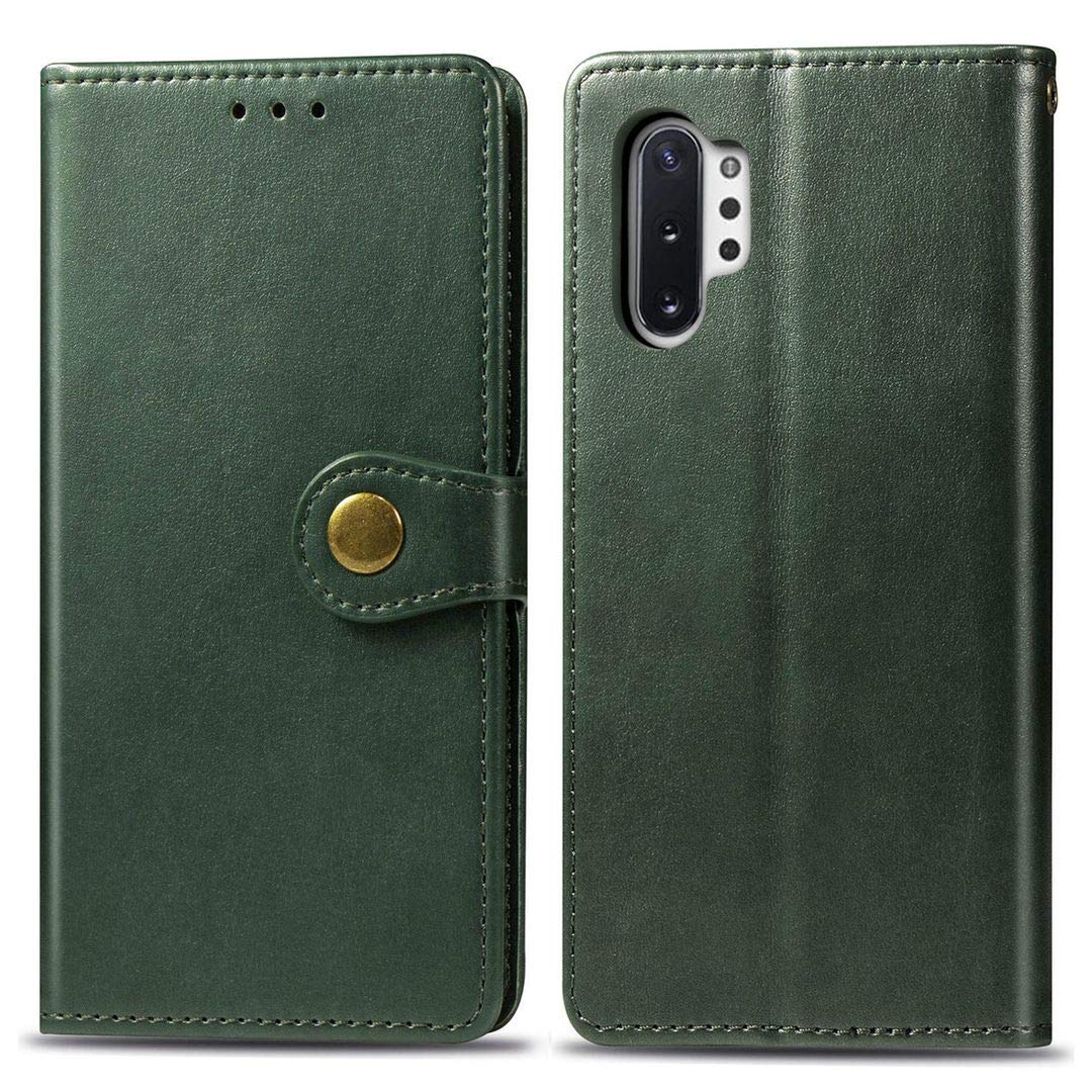 SATURCASE Case for Samsung Galaxy Note 10 Plus 6.8", Premium PU Leather Flip Round Magnet Wallet Stand Card Slots Protective Cover with Hand Strap for Samsung Galaxy Note 10 Plus 6.8" (Green)