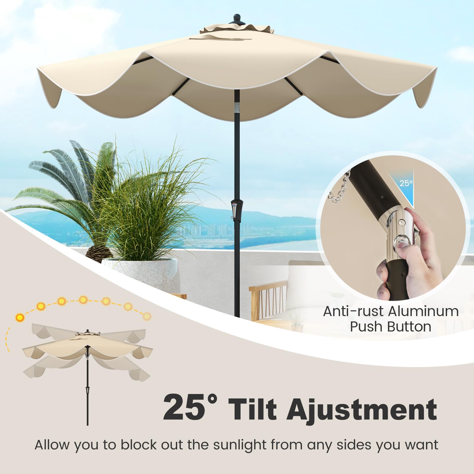 KOMFOTTEU Ombrellone da Giardino 270 cm, Inclinabile a 25°, Parasole da Spiaggia Protezione UV e Anti UV, con Manovella e 8 Stecche, Ideale per Terrazza, Balcone, Piscina
