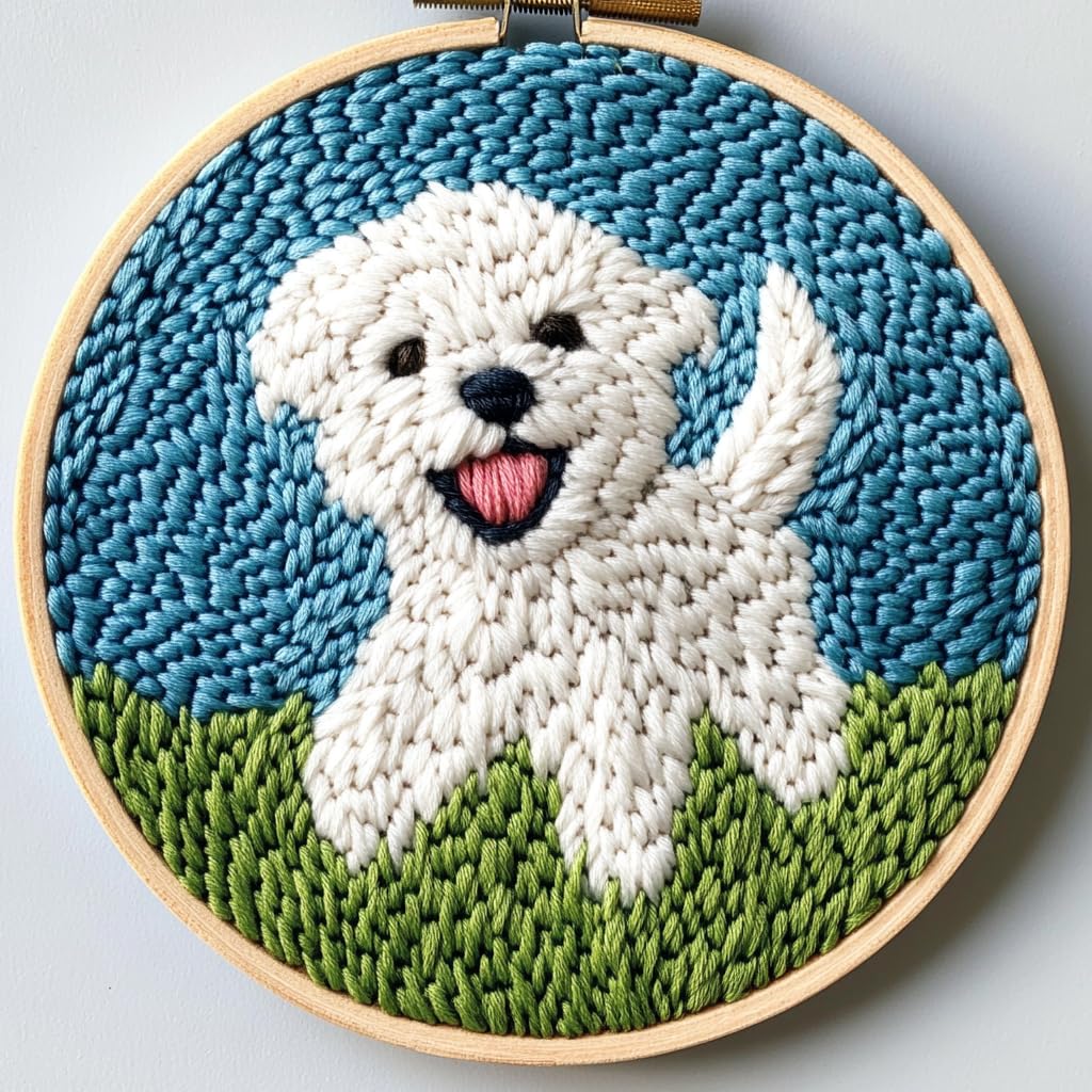Punch Needle Kit for Beginners, Punch Stitching Kit for Adults, Needle Punch Kits for Adults, DIY Embroidery Set with Little White Dog on The Grass — image 1