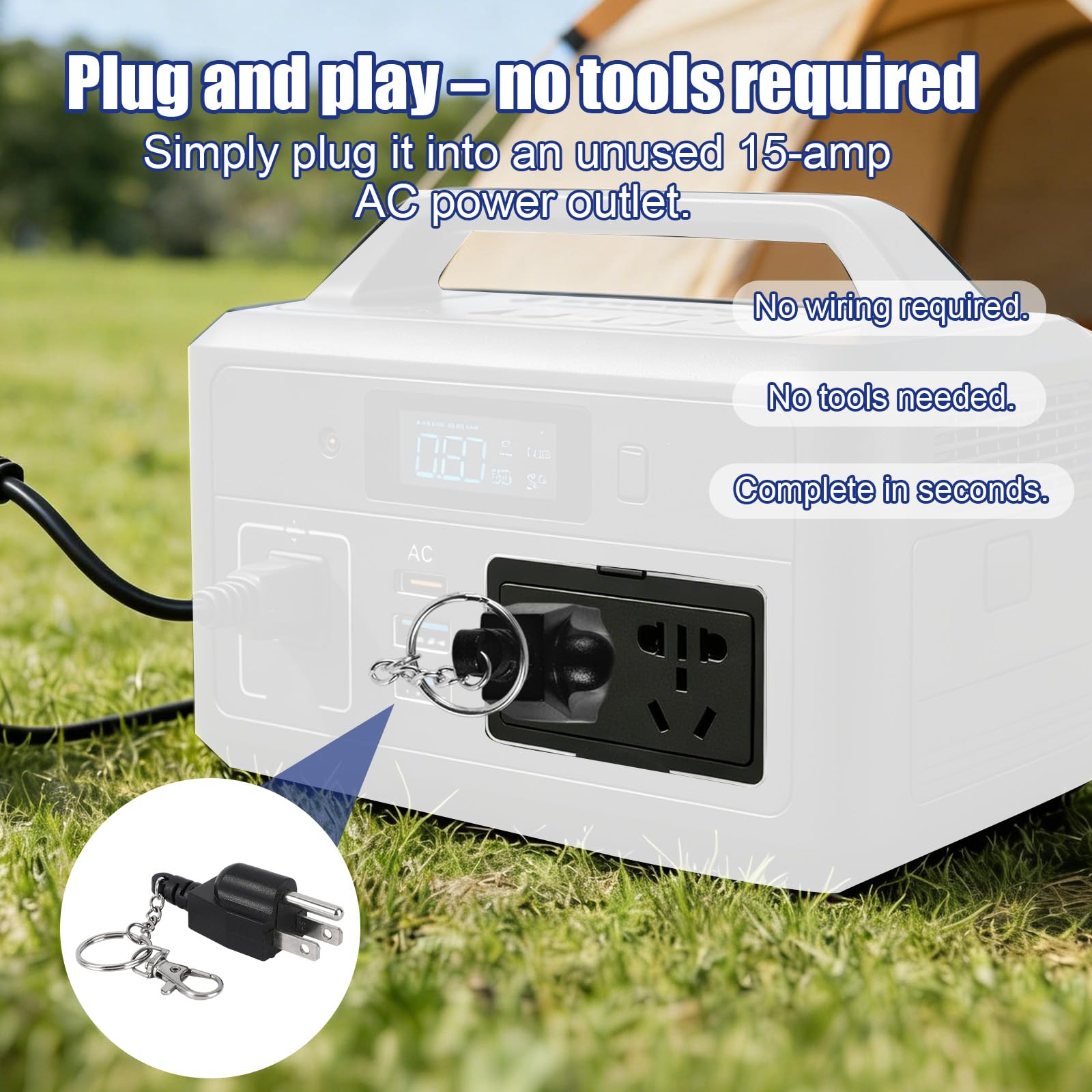 Portable Generator Grounding Plug with Keychain, Neutral Ground Bonding Accessories Parts Adapter 5-15P to 5-15R/TT-30R for Inverter Generators RV Camper & Trailer (Black) — view 7