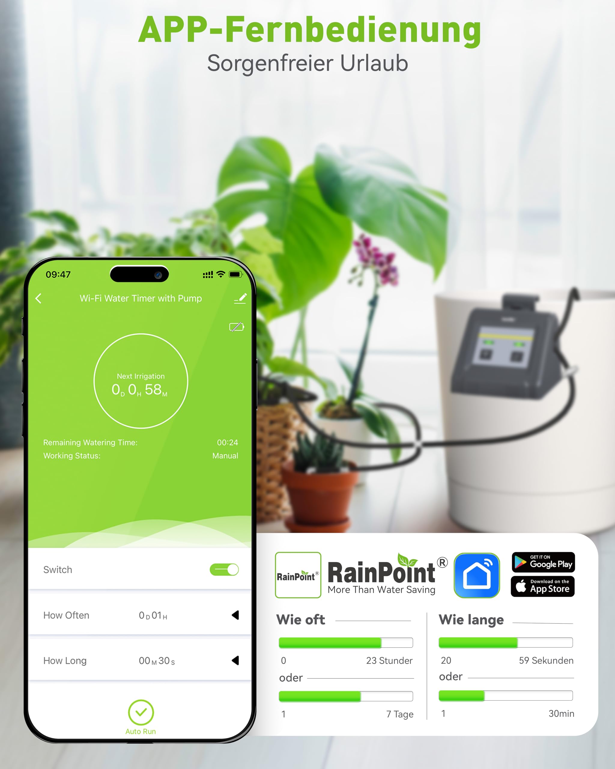 RAINPOINT WiFi Sistema di irrigazione automatica, dispositivo automatico di irrigazione a goccia con pompa, APP telecomando modalità automatica/manuale/smart per balcone, piante in vaso