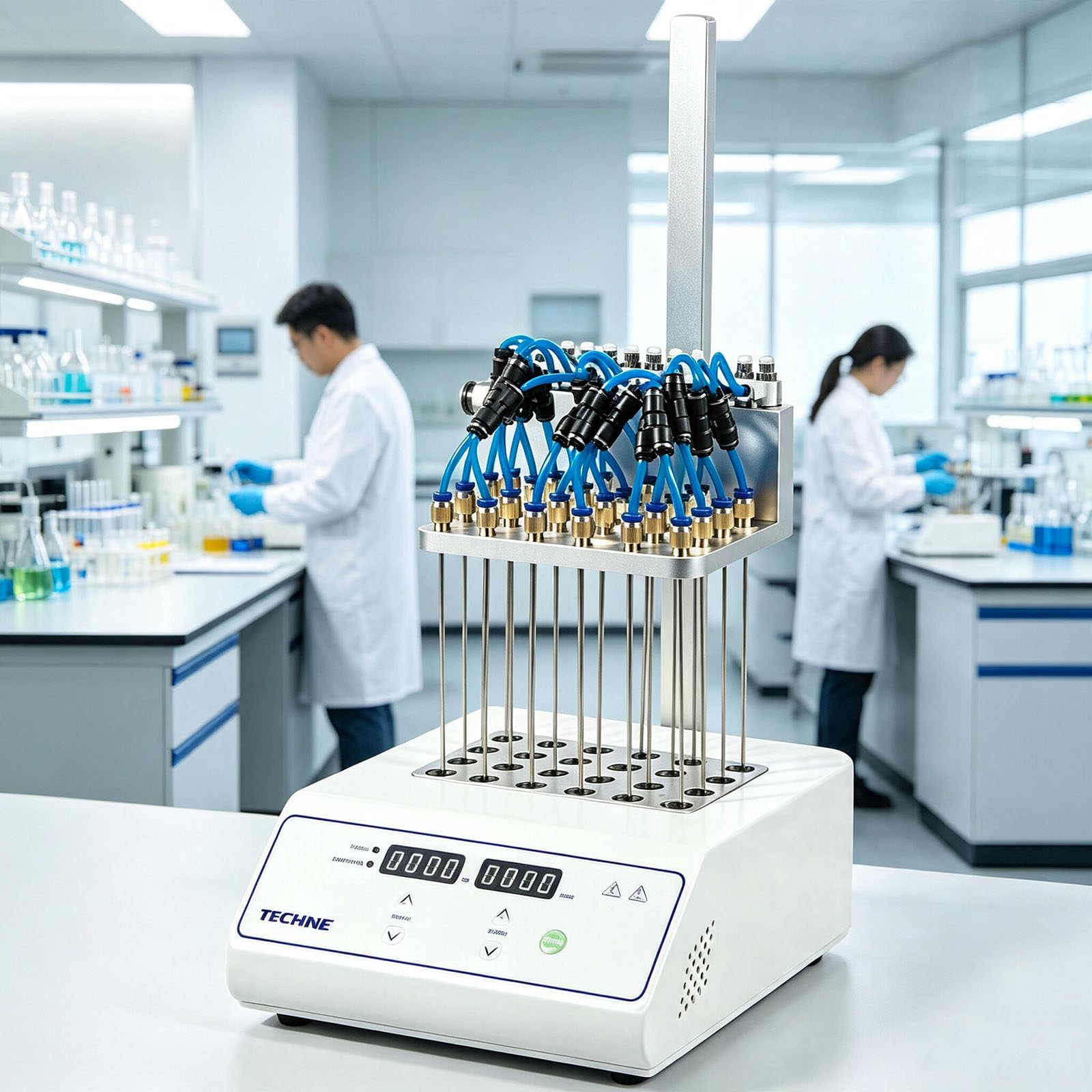 Concentrador De Muestras De Nitrógeno (Sistema Seco) – Unidad de Soplado De Nitrógeno Seco (12/24 Ranuras) 24Módulos | Instrumento de laboratorio de purga de nitrógeno de altura ajustable, con pantalla LCD