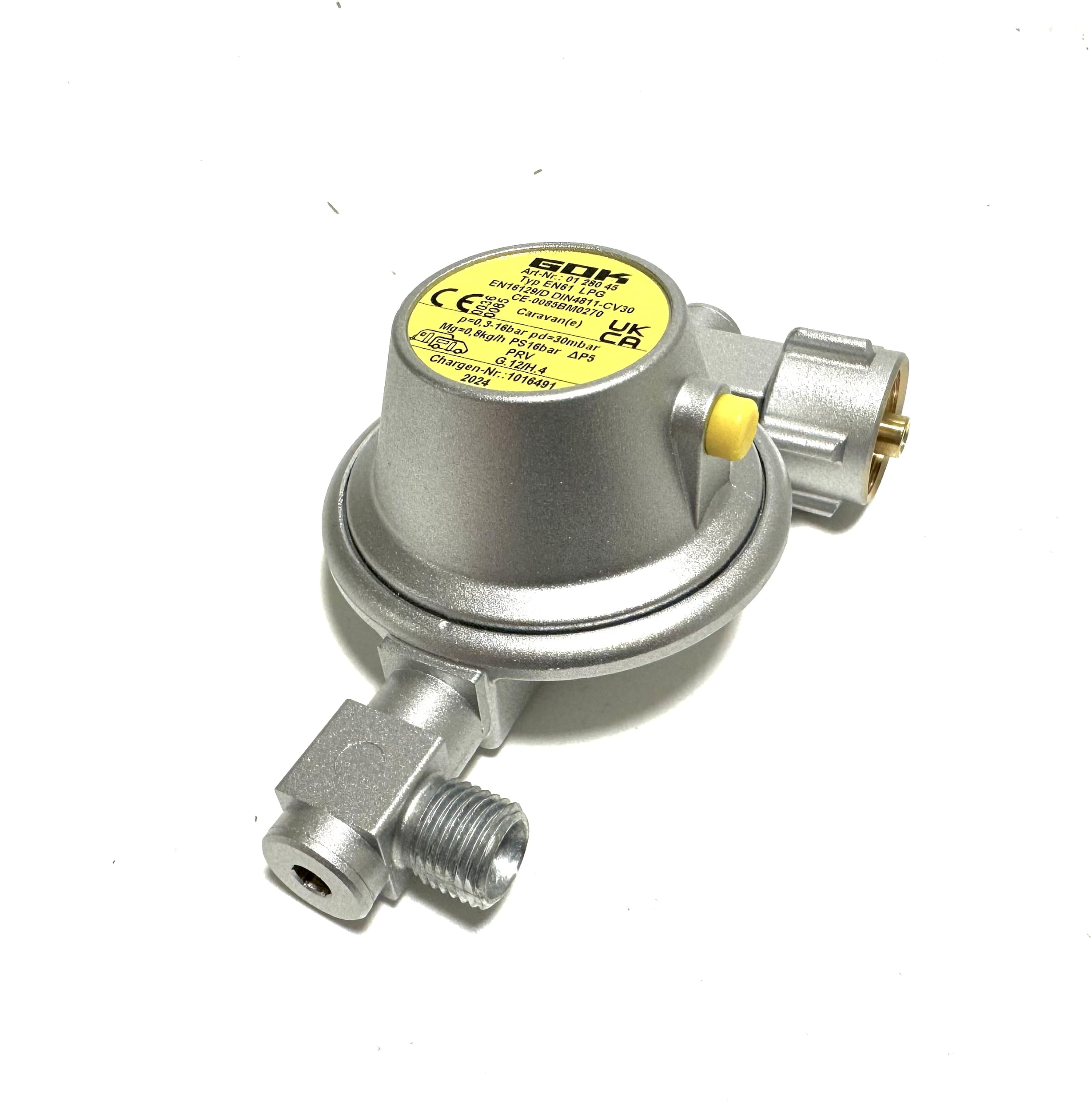 GOK Druckminderer Gasflasche 30 mbar, Gasdruckregler EN61-DS mit 90°-Abgang, KLF x G 1/4 LH-KN, 0,8 kg/h, PS 16 bar, U-Form ohne Manometer, CE EN 16129, DGUV 79 konform