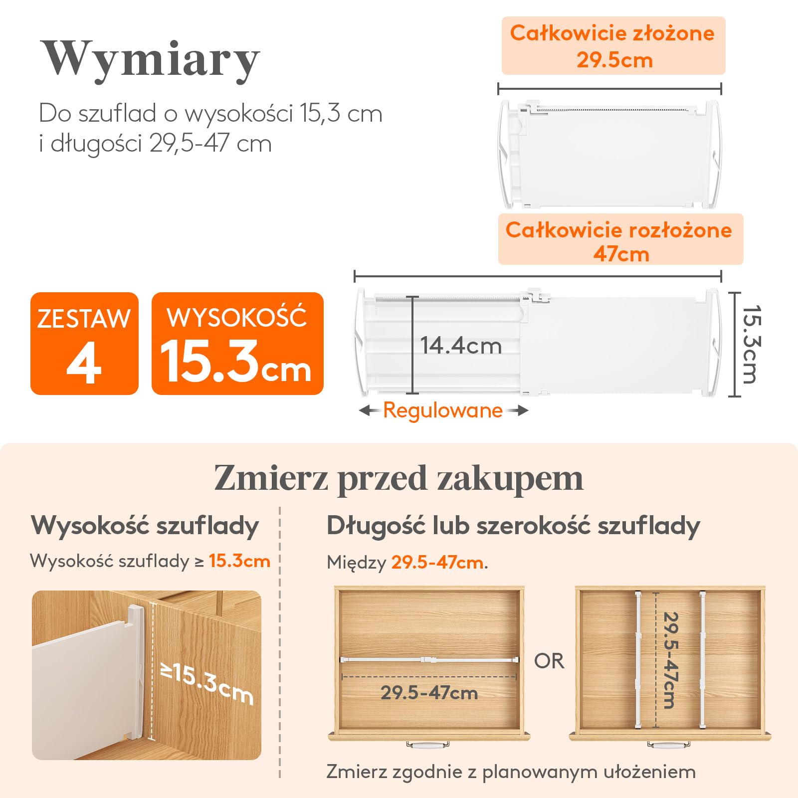 Lifewit 4-pakt głębokich przegród szufladowych o wysokości 15,2 cm, 29,2-47 cm rozszerzalne przegródki na ubrania do szuflad, regulowane organizery do szuflad komody, białe separatory szufladowe do