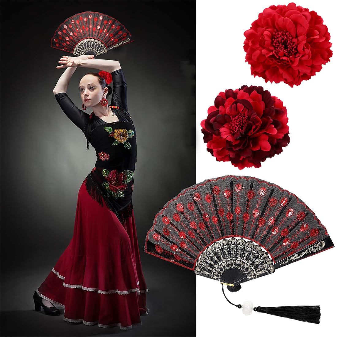 Horquillas flamenco flores artificiales peonias rojas abanico grandes pelo grueso fino playa mujeres niñas