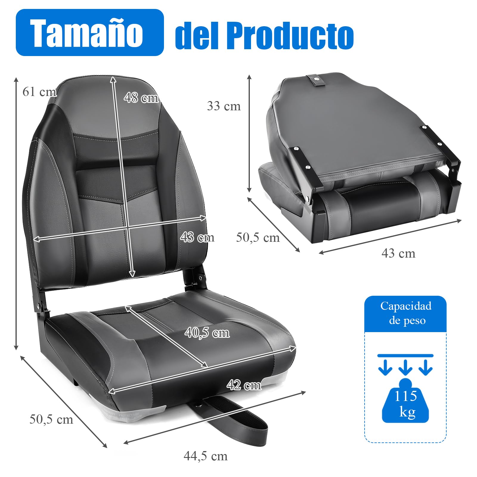 GOPLUS Juego de 2 Asientos de Barco 1PC Asiento de Pesca Plegable con Cojín Acolchado Suave y Costuras Reforzadas, Diseño Ergonómico 115KG de Capacidad para la Pesca en Yate (Negro)