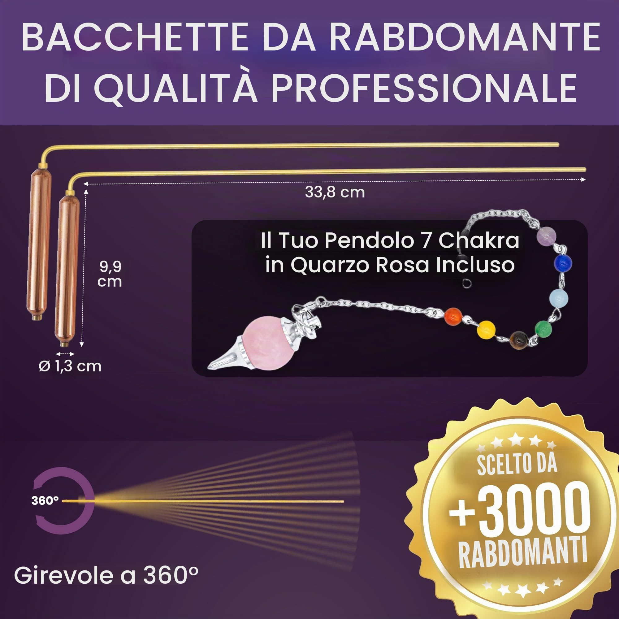 Vibratis Bacchette Rabdomante Professionali Modello Premium e Pendolo Divinatorio Quarzo Rosa | Bacchette Radioestesia Ideale per cominciare a darsi alla Radioestesia