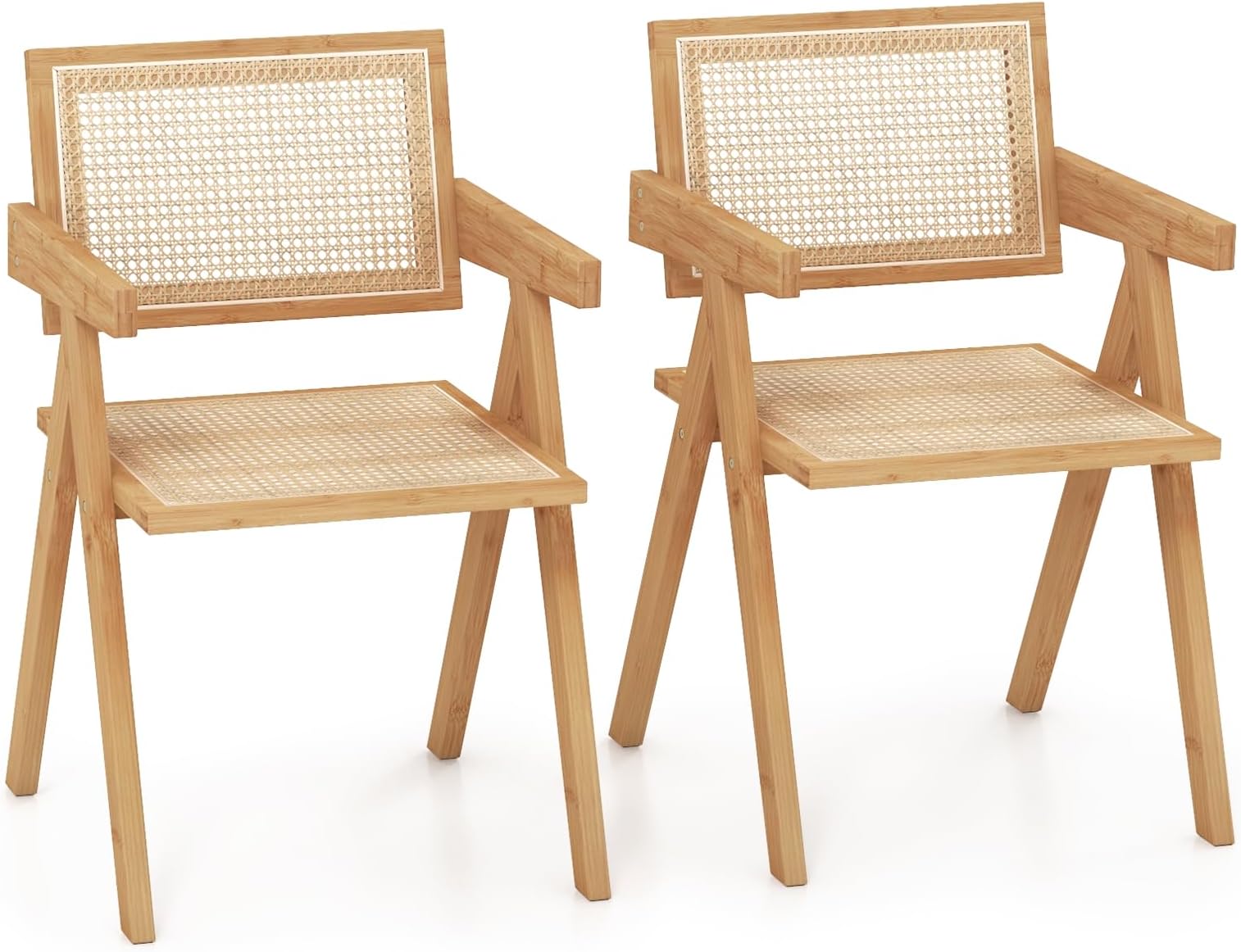 Giantex Boho Cane Dining Chairs Set of 2, Max Load 330 Lbs, Wooden Dining Chairs, Bamboo Accent Armchair for Living Room, Dining Room, Natural