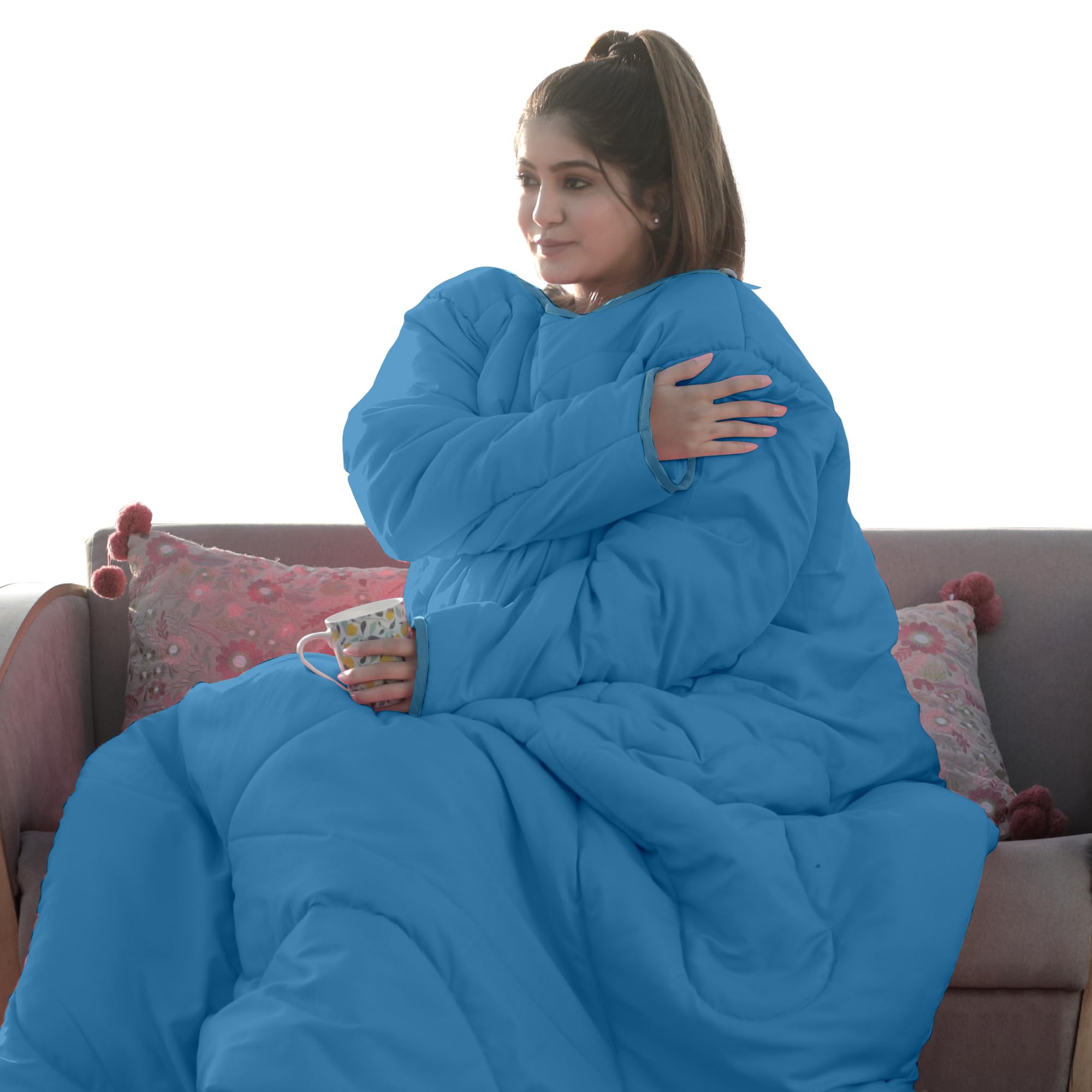 Divine Casa Microfiber Wearable Blanket with Sleeves | 120 GSM | Soft & Cozy Fleece | Hands-Free Comfort for Home & Travel | Solid | 182 x 137 cm, Alaskan Blue