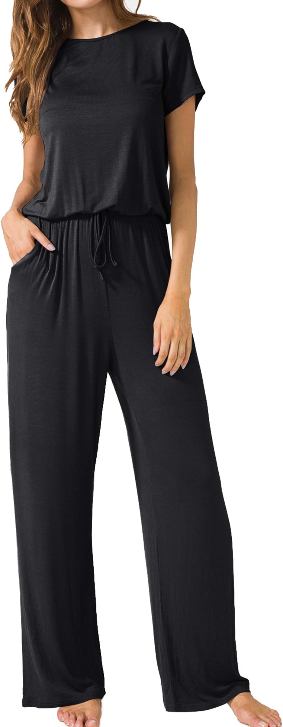 LAINABWomens Soft Summer Jumpsuits Short Sleeve Casual Wide Legs Rompers