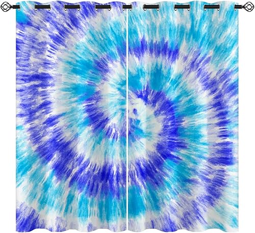 Cortinas opacas de teñido anudado para niñas y niños, decoración del hogar, mandala azul degradado hippie con ojales en espiral, cortinas aislantes