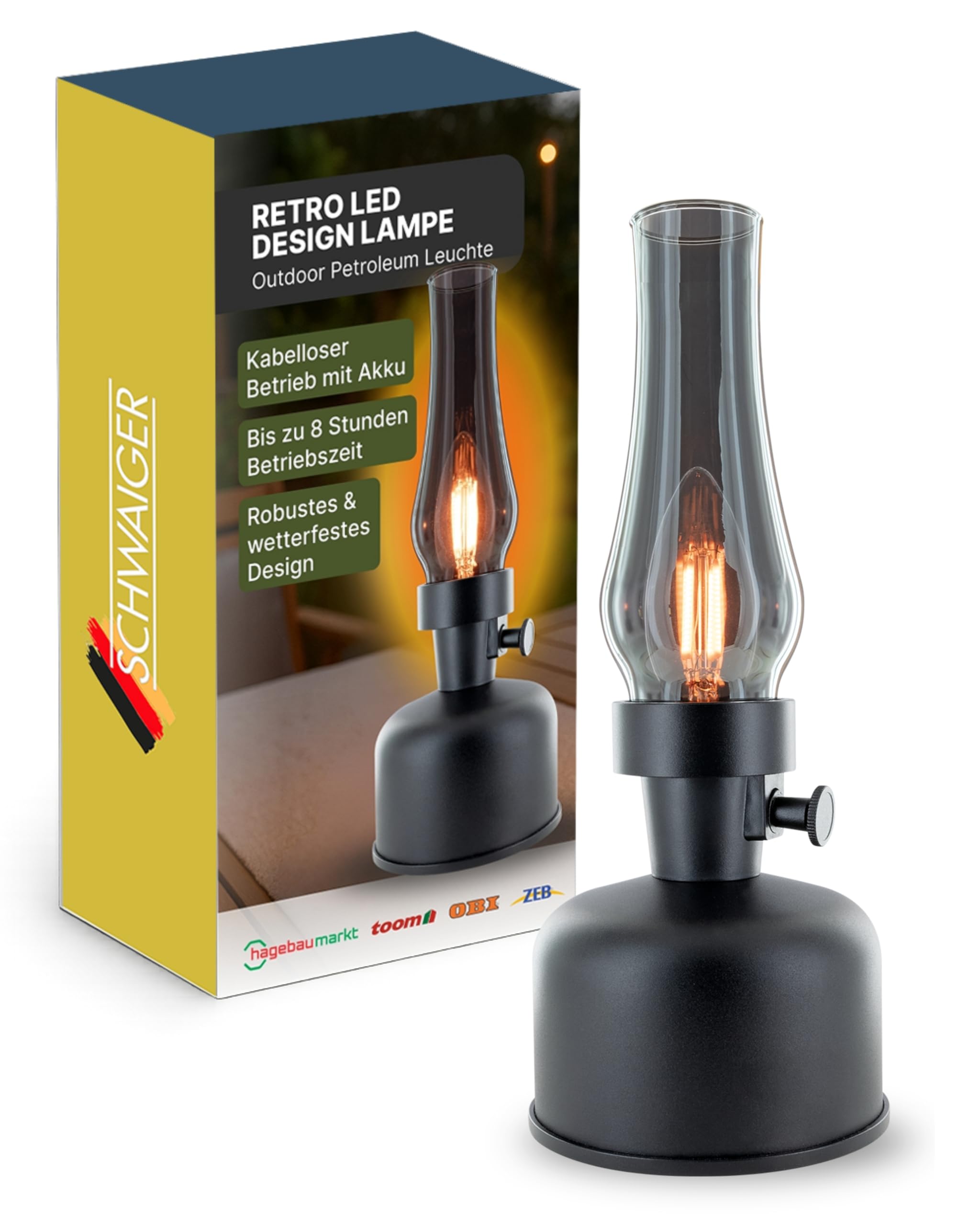 SCHWAIGER Retro LED Lampe im Petroleum Look I Kabellose Tischleuchte mit 2x 2000 mAh Akku I LED Leuchtmittel im Vintage Design mit Dimmer I 8h Leuchtdauer für Garten, Terrasse, Camping & Outdoor