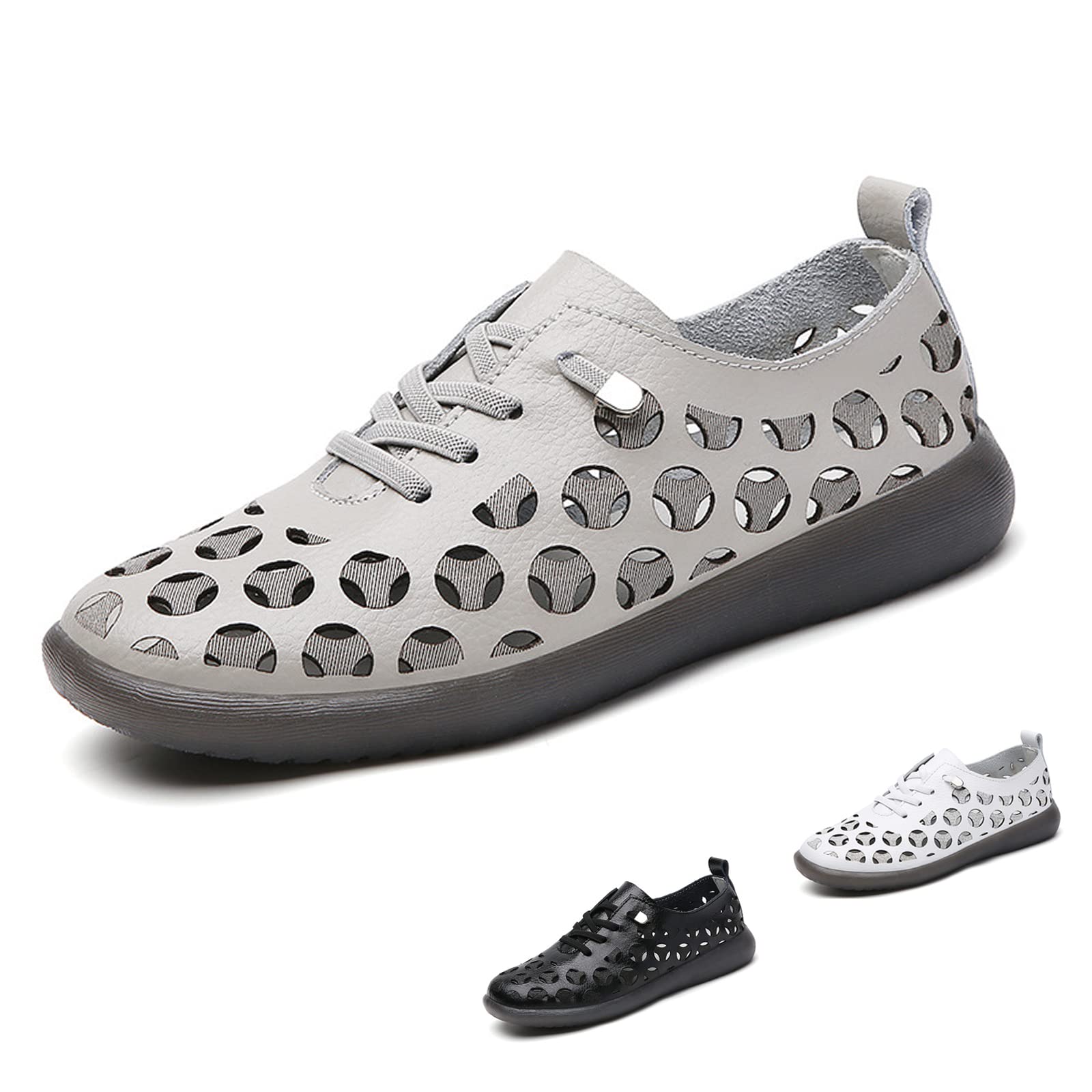 WENOREG Women's Hollow Leather Slip on Tendon Flat Loafers,Summer Orthopedic Soft Bottom Lace up Breathable Non-Slip Mom Work Walking Shoes Lightweight Casual Sandals (Grey,7,7)