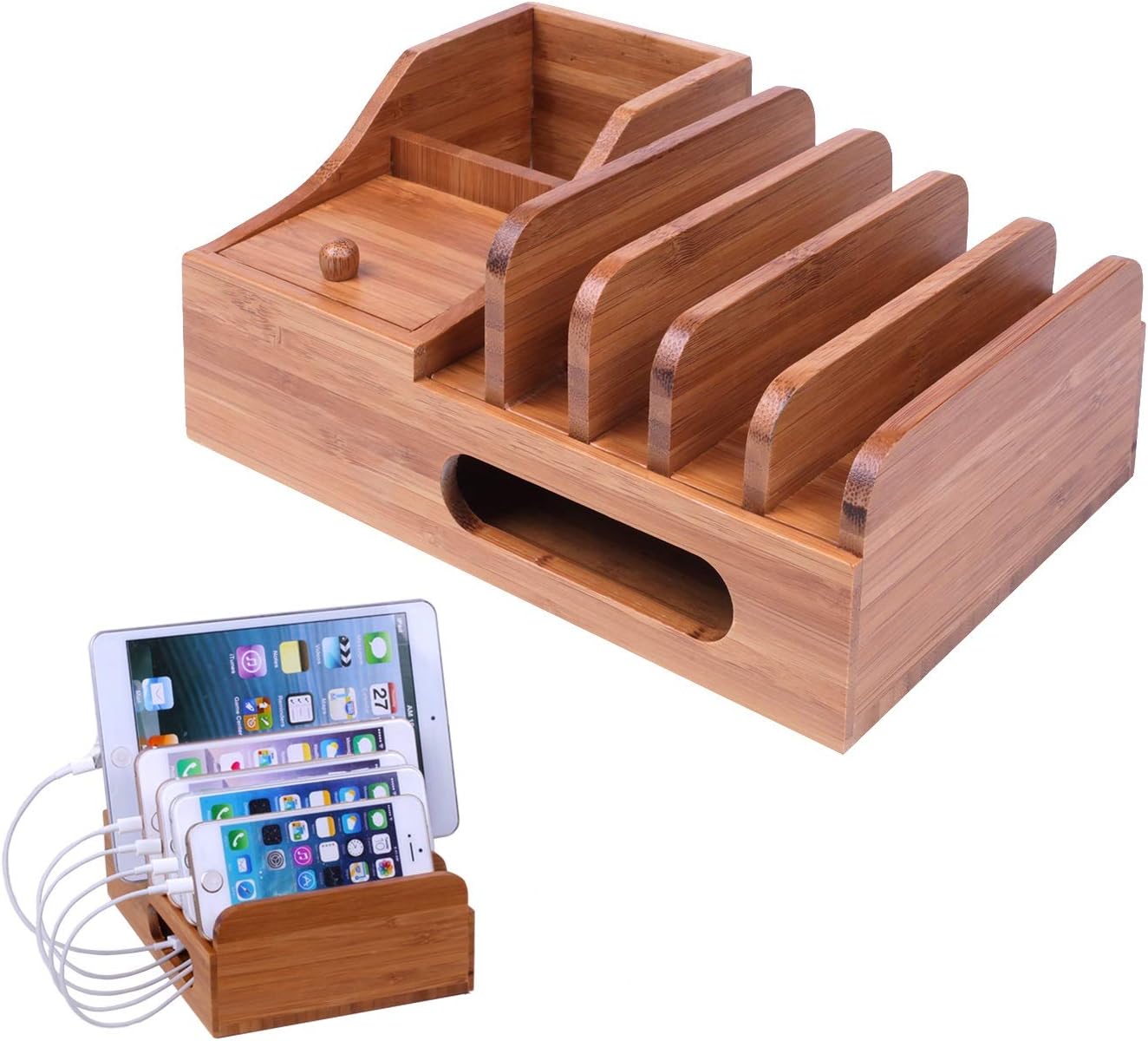 Lottogo Charging Station Multiple Devices,Bamboo Charging Station Docks and 5 Port Phone Organizer Stand for Smart Phones and Tablets for Office Desktop Wooden Docking Stations Storage