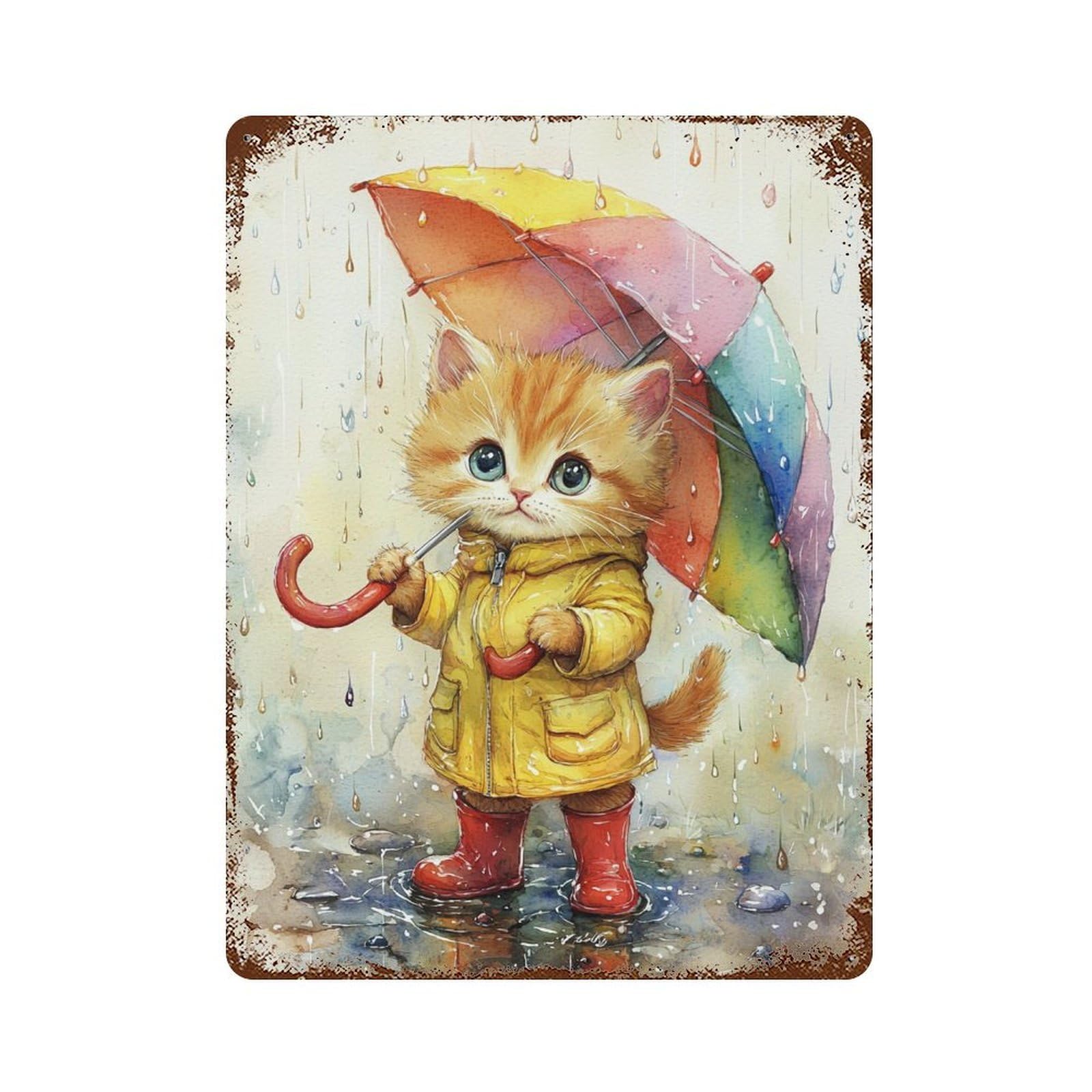 Rainy Day Kitten with Umbrella-7 15.7"x11.8" Distressed Metal Wall Sign, Shabby Chic Decor for Shed, Workshop And Garage Wall Decor