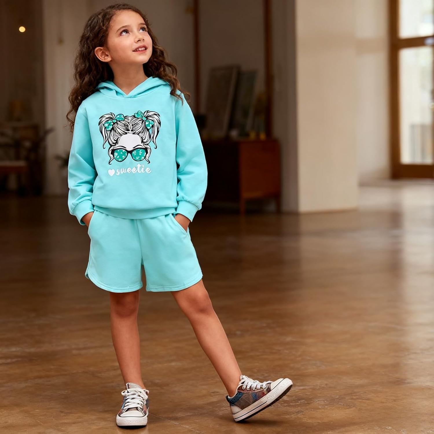 Size 6-12 Years Girl's 2 Piece Outfits Casual Crew Neck Sweatshirt & Elastic Waist Shorts Tracksuit Sets - Image 4