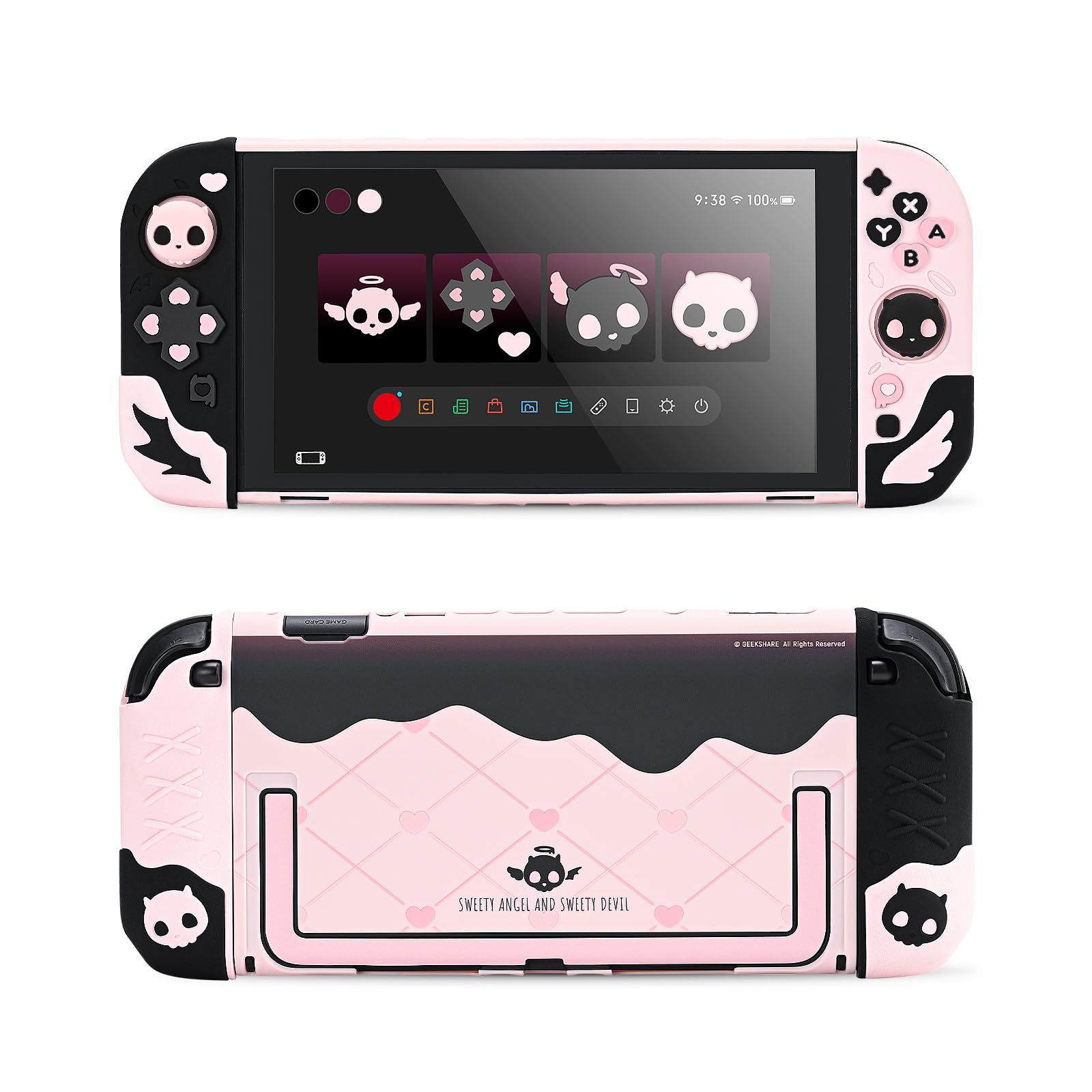 Geekshare Protective Case Set Compatible with switch 2, PC Back Plate with Silicone Joysticks Covers, Includes 2 Thumb Grips, Waterproof Protection - Sweetheart Skull