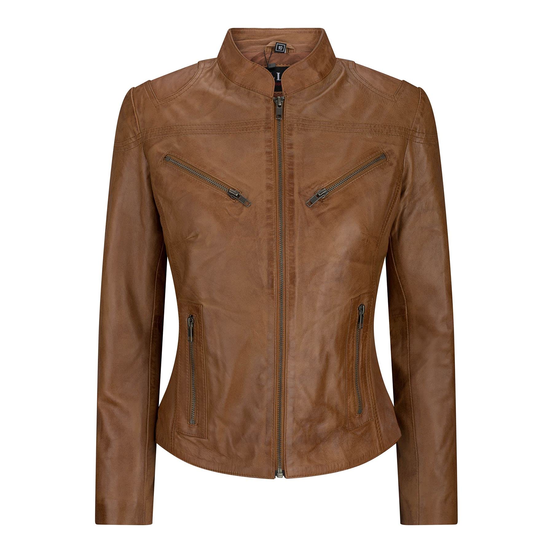 TruClothing Women's Tan Genuine Leather Nehru Collar Biker Jacket - Slim Fit
