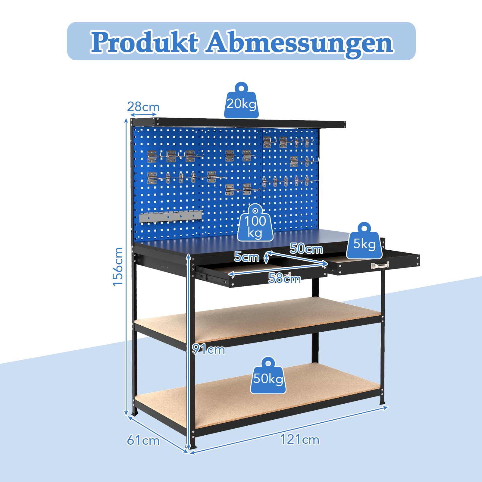 GYMAX Werkbank mit Lochwand, Arbeitstisch mit 24 Werkzeughaken, 2 Schubladen & offenen Regalen, Werkzeugbank bis zu 230 kg belastbar, robuste Werktisch für Garage, Werkstatt & Zuhause (Blau)
