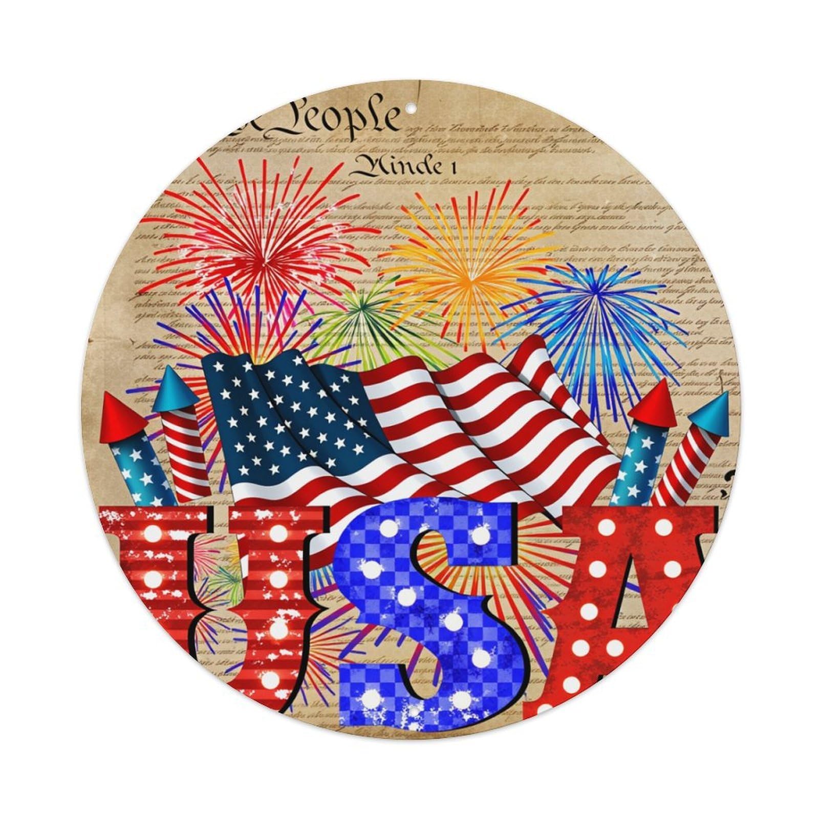 American Flag Fireworks Stars Stripes USA Round Tin Sign Retro Metal Sign for Cafe Bar Pub Home Game Room Gym Club Wall Decoration Vintage Metal Poster 8x8 Inch
