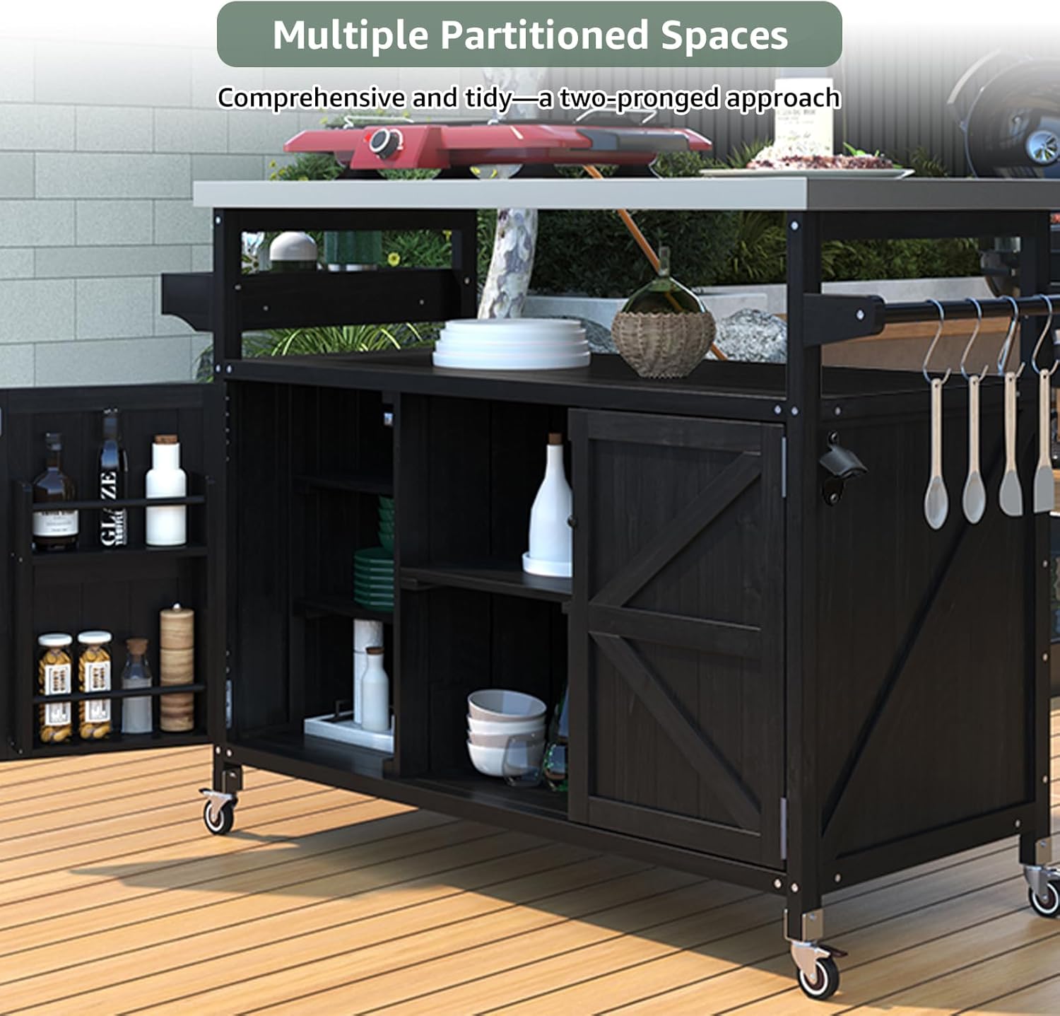 50.25" Outdoor Kitchen Island with Wheels for Food Prep, Strage, Bar, Rolling Outdoor Grill Table for Outside, Outside Cooking Table, Grill Carts, Cooking Station, Modular, Solid Wood, Black