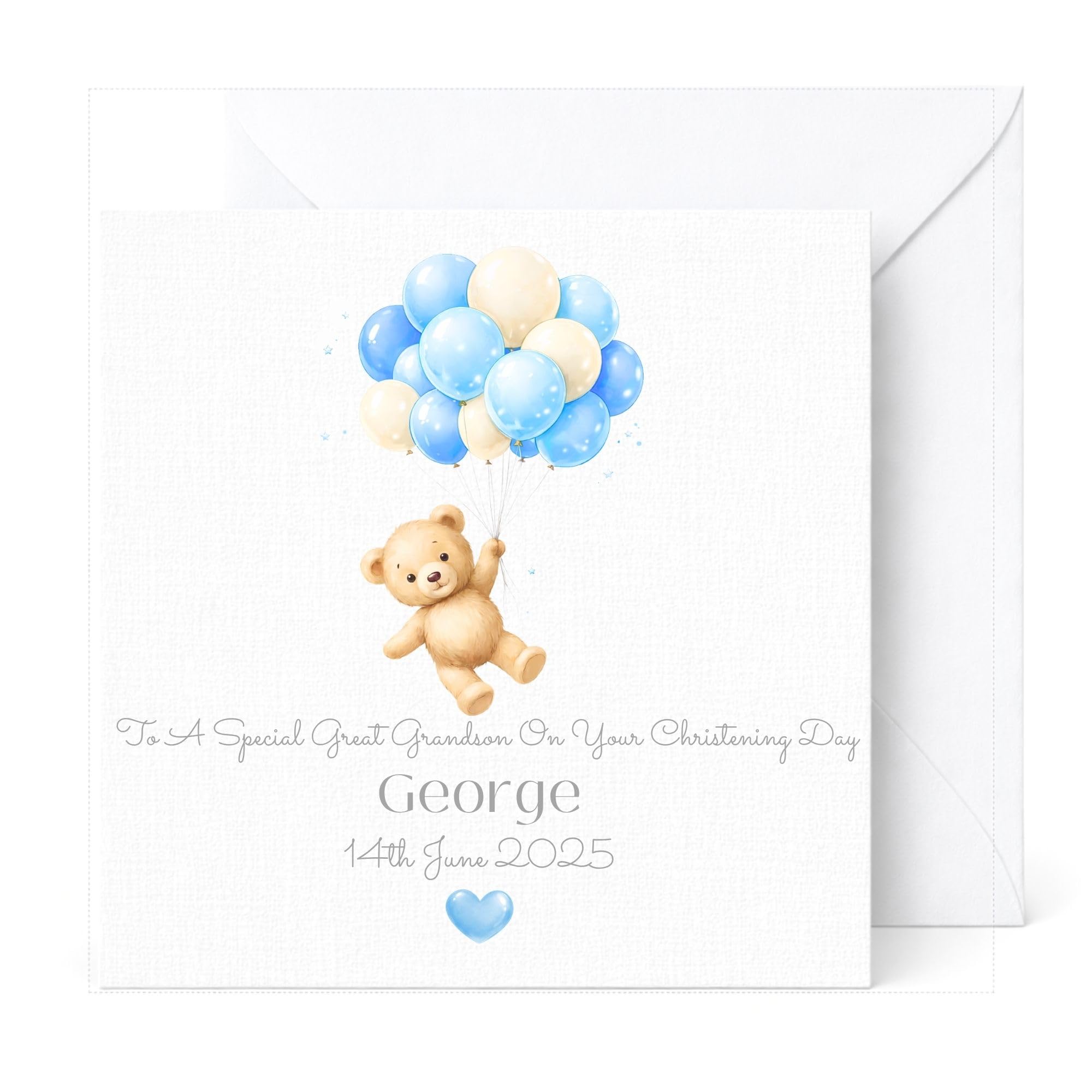 Personalised Christening Day Card for Boys with Teddy Bear and Balloons Custom Name Relation and Date Handmade Baby Boy Keepsake for Baptism Naming Day or Dedication