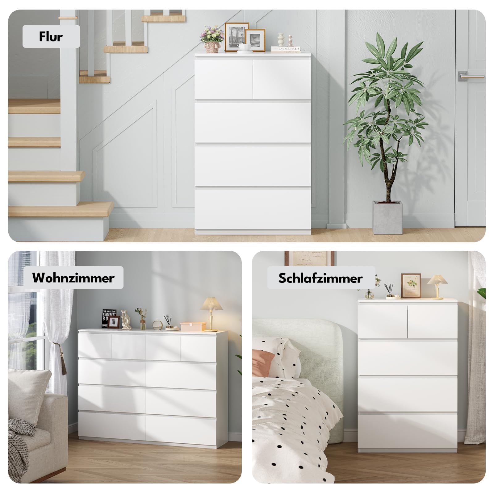 BEWISHOME Kommode mit 5 Schubladen,Kommode weiß,Kommoden & Sideboards,Schubladenschrank,Komodenschrank für Schlafzimmer,Wohnzimmer,Flur,68x38x94 cm EKCG07W