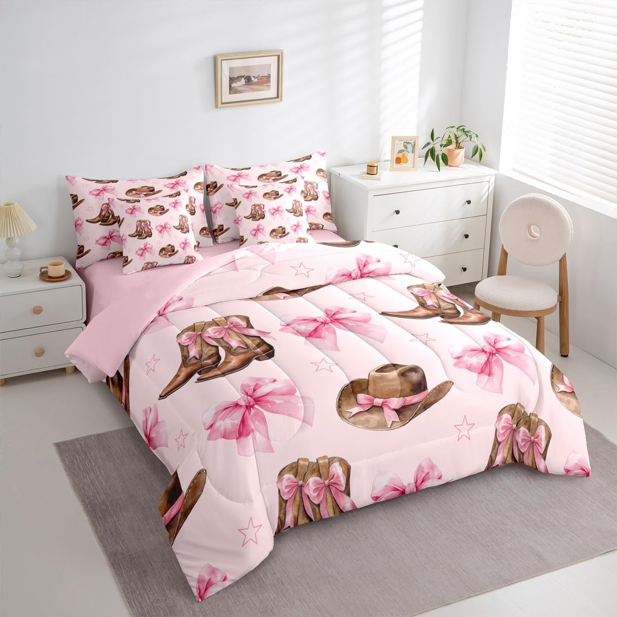 Erosebridal Cowgirl Boots and Bows Twin Bedding Set 7 Piece for Girls,Cute Pink Bow Hat Comforter Set with Sheets for Kids Teen,Pink Western Bowknot Bed Set,Retro Country Cowboy Fitted Flat Sheet