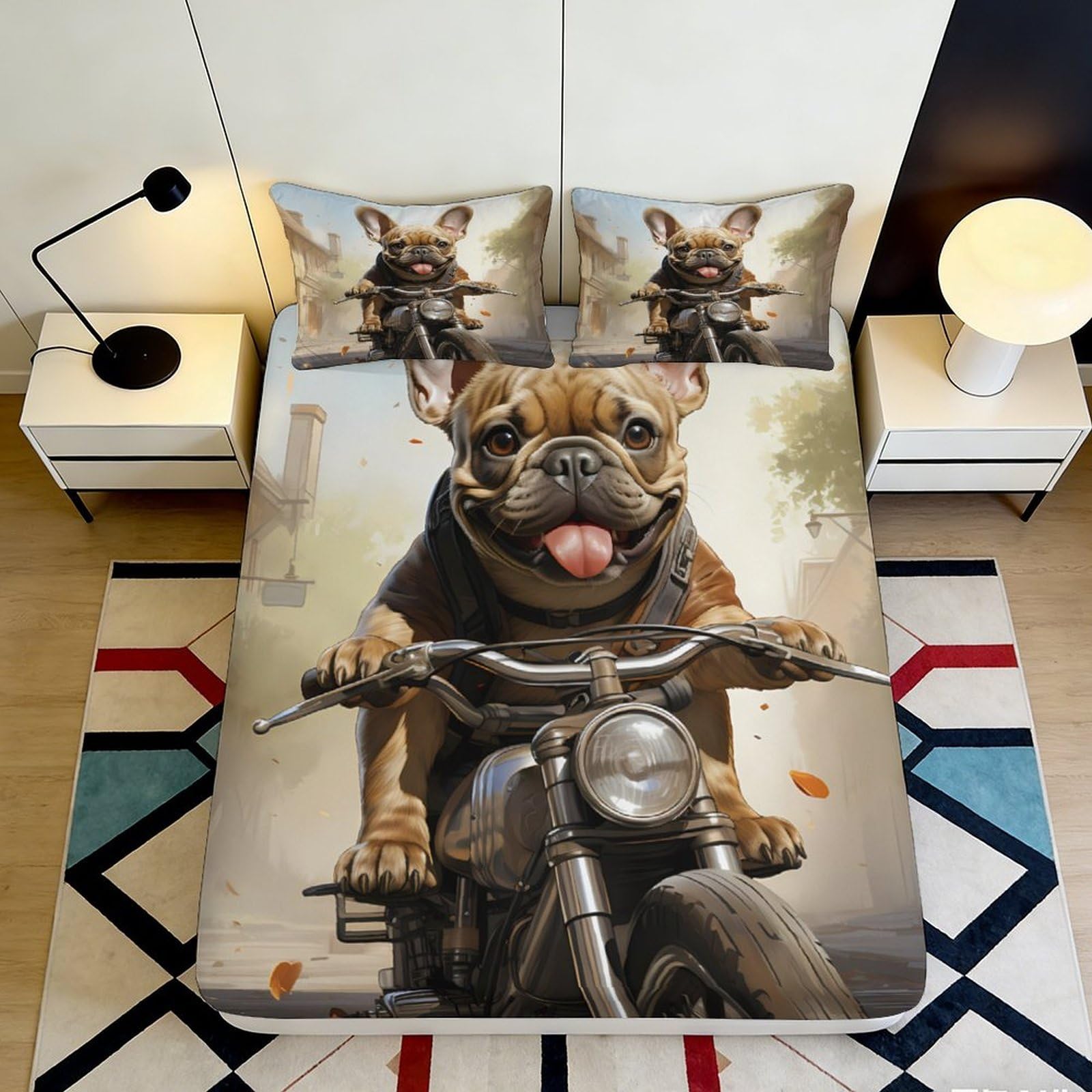3D Printed French Bulldog Motorcycle Fitted Sheet Microfiber Breathable Bed Cover for Bedroom Guest Room Decor 90x200x25cm