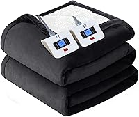 Sealy Queen Electric Heated Blanket Flannel Sherpa 84x90 Grey, 10 Heat Levels Dual Controls 12Hr Auto-Off Machine Washable