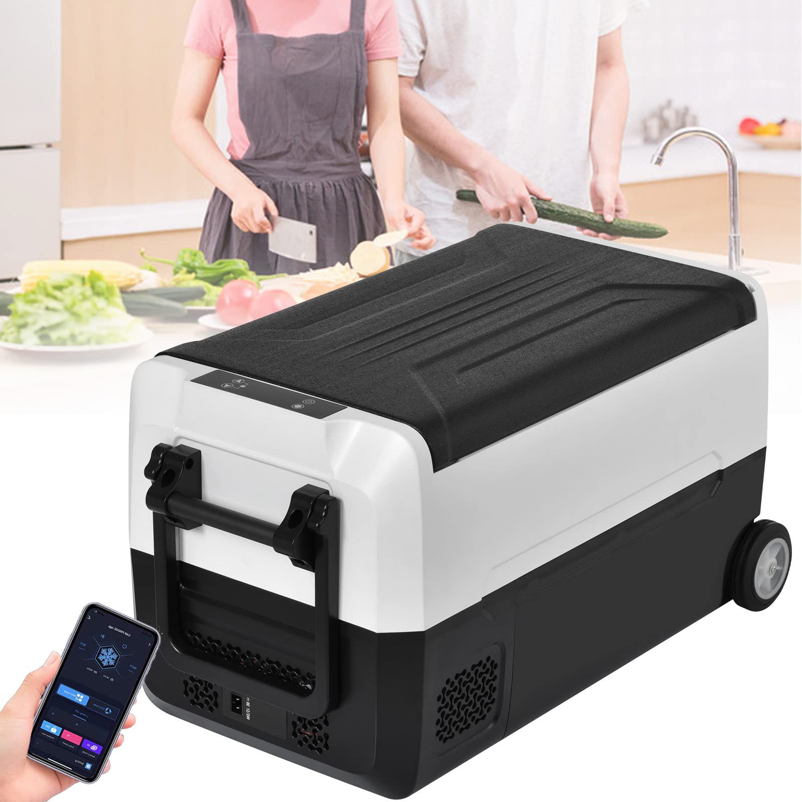 Sprężarka elektryczna, przenośna lodówka elektryczna 31,5 l, lodówka samochodowa, podwójna strefa, kontrola aplikacji, 12/24 V i 100-240 V