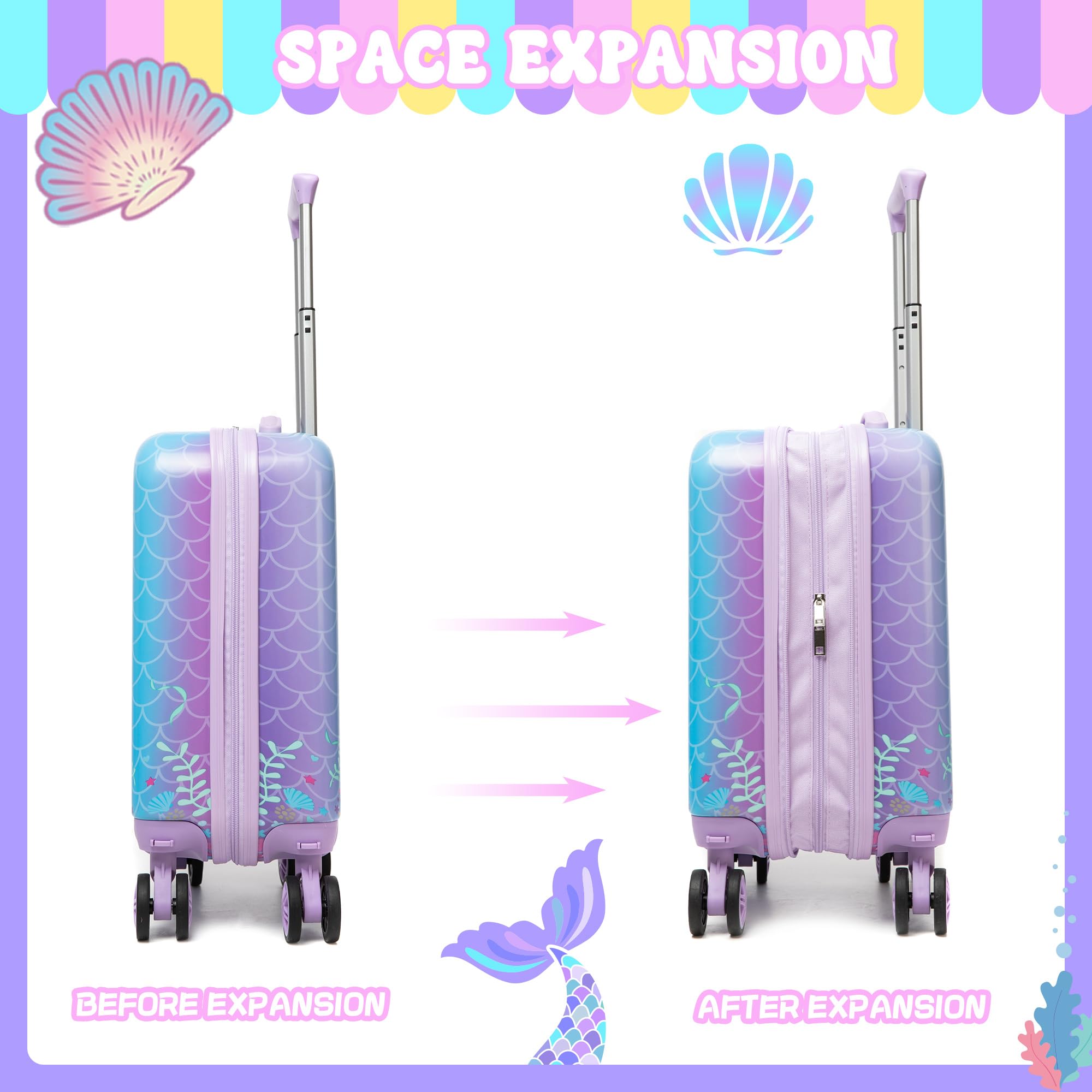 HTgroce 5 Set Valigie per Bambini, Zainetto Bambina, Cuscino per il Collo, Borsa per il Pranzo, Astuccio per Matite, Etichetta, Sirena Valigia con Ruote