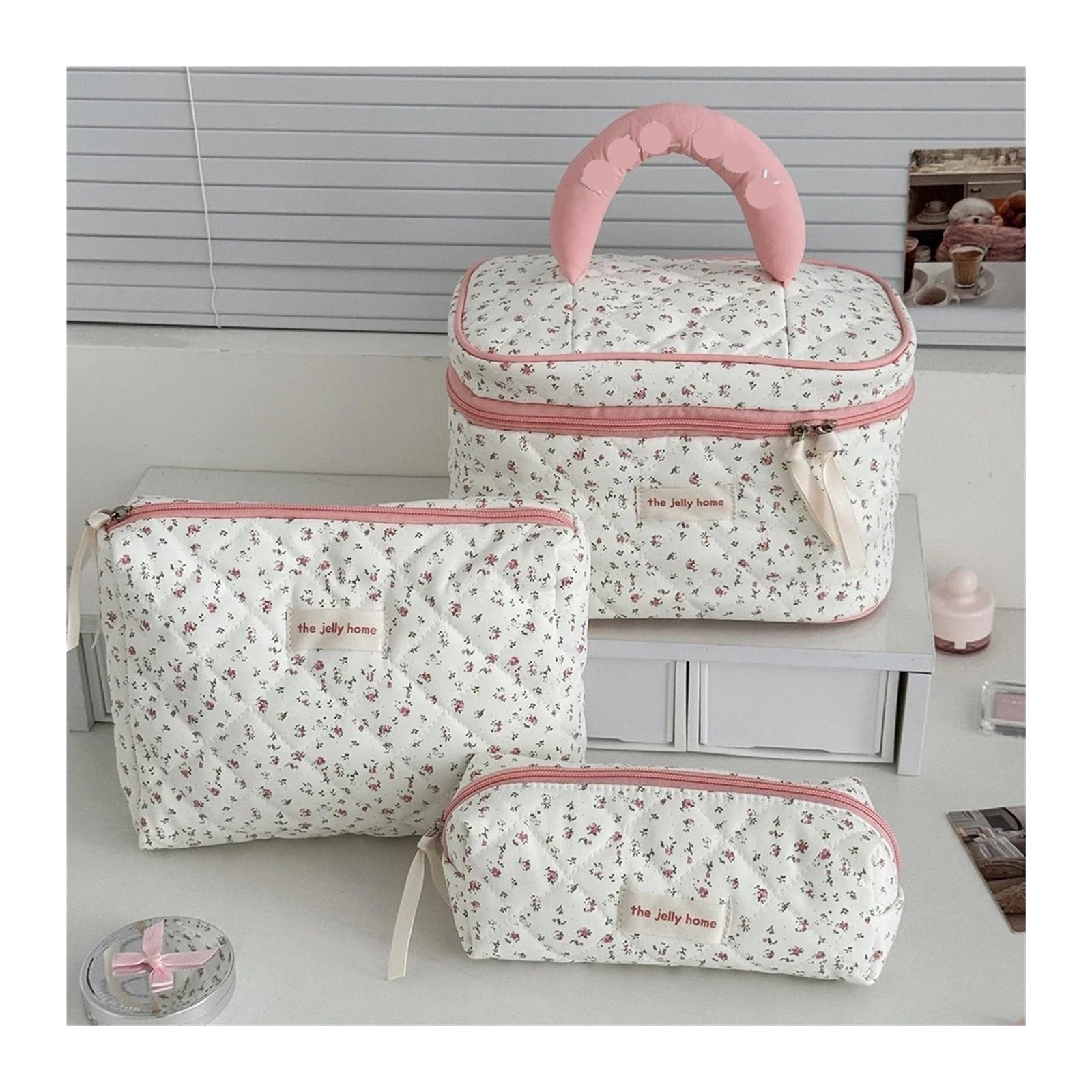 Bolsa Maquillaje Bolsa de cosméticos con Cremallera Cuadrada con Lazo, Bolso de Almacenamiento Organizador de Maquillaje de Viaje pequeño, 2 uds.