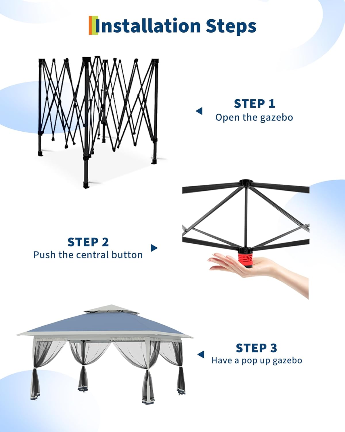 Canopy Tent 12x12 ft, Pop Up Gazebo One-Push Setup with 4 SandBags for Backyard Parties and BBQs, Mosquito Netting & Height Adjustable - Navy Blue