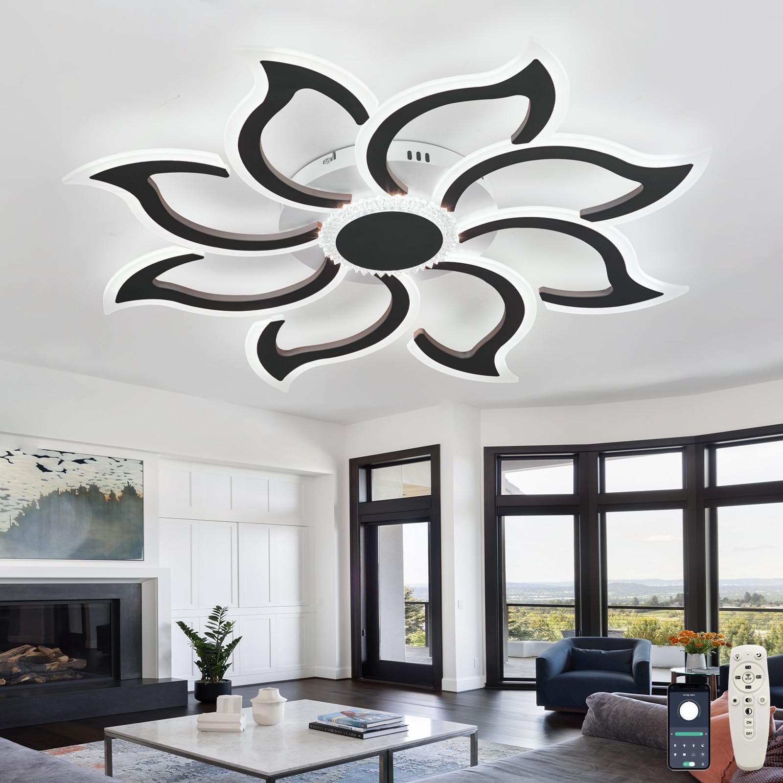 Dceinz Flower Ceiling Light LED Dimmable 3000K-6000K Smart Ceiling Lighting with Remote APP Memory Function Ceiling Lamp Modern Large 35in Ceiling Lights for Living Room, Bedroom, Lounge-Black