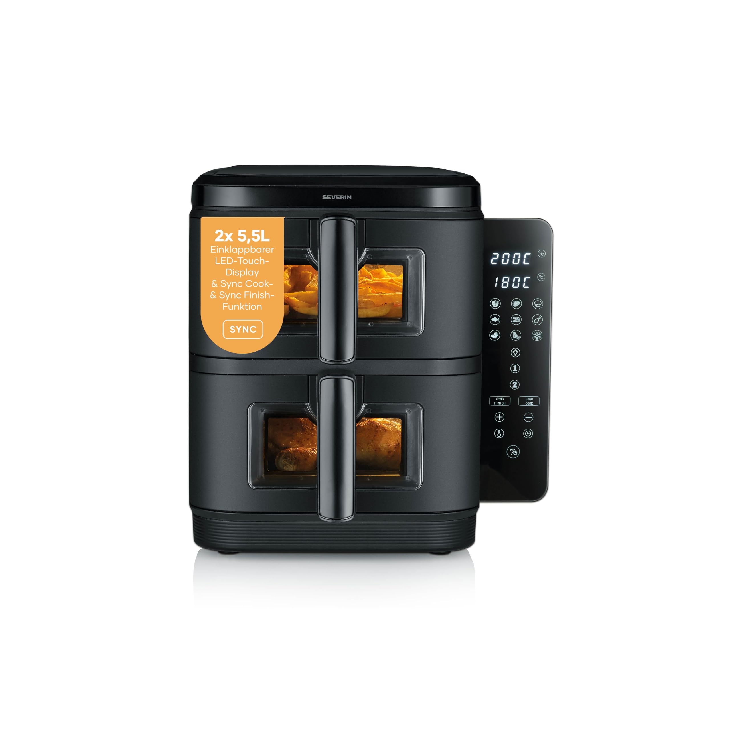 Severin Duo Stack Heißluftfritteuse, 2 x 5,5 L Garraum, 2 Kammern, gesundes Kochen, 9 Automatik-Programme, Fritteuse ohne Fett, platzsparendes Design, doppelstöckig, S-Fry, 2800 W, schwarz, FR 9598