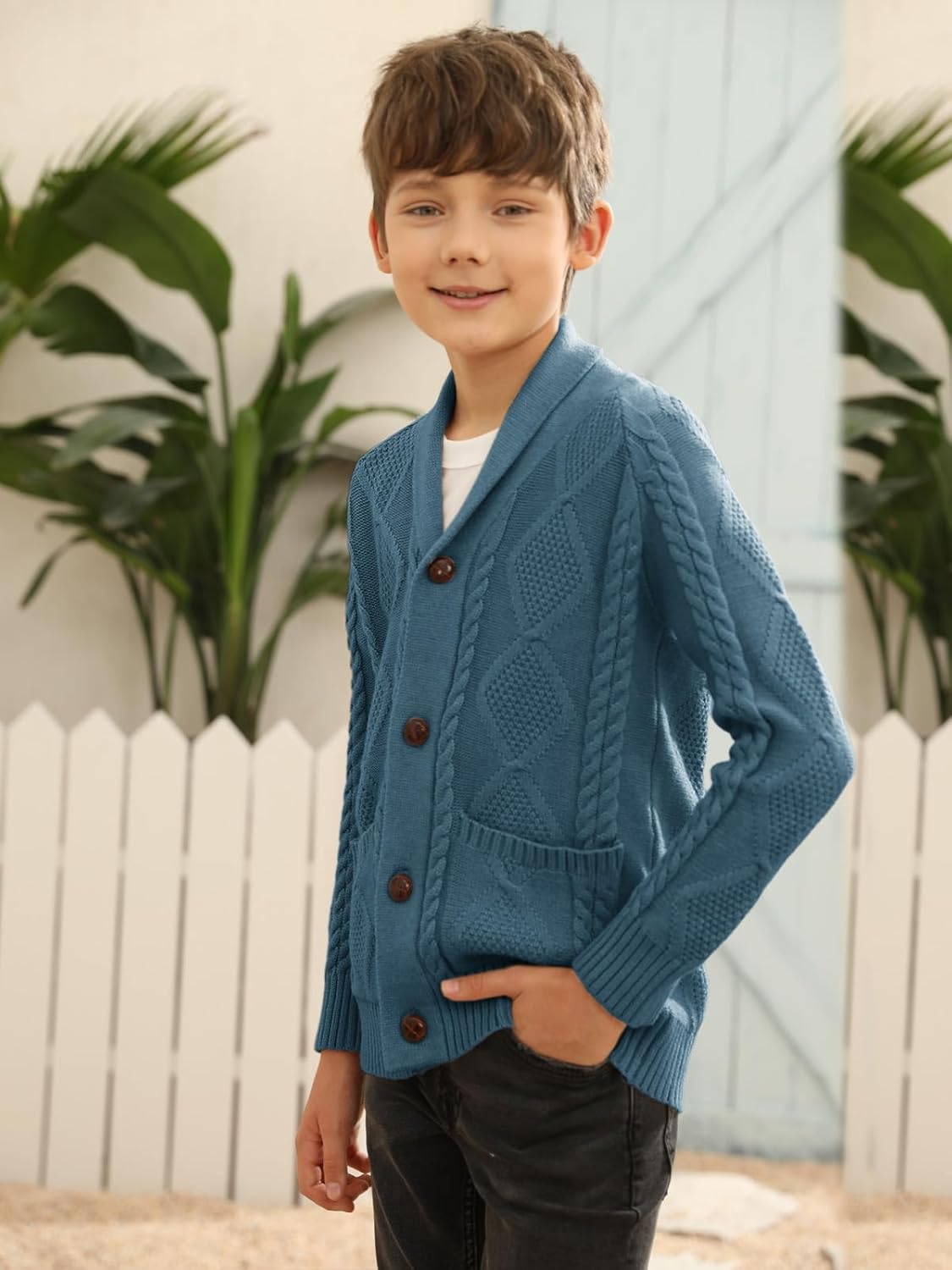 Boy's Sweater Cardigan Button Down Shawl Collar Cable Knitted Outwear Sweater Coats with Pockets - Image 3